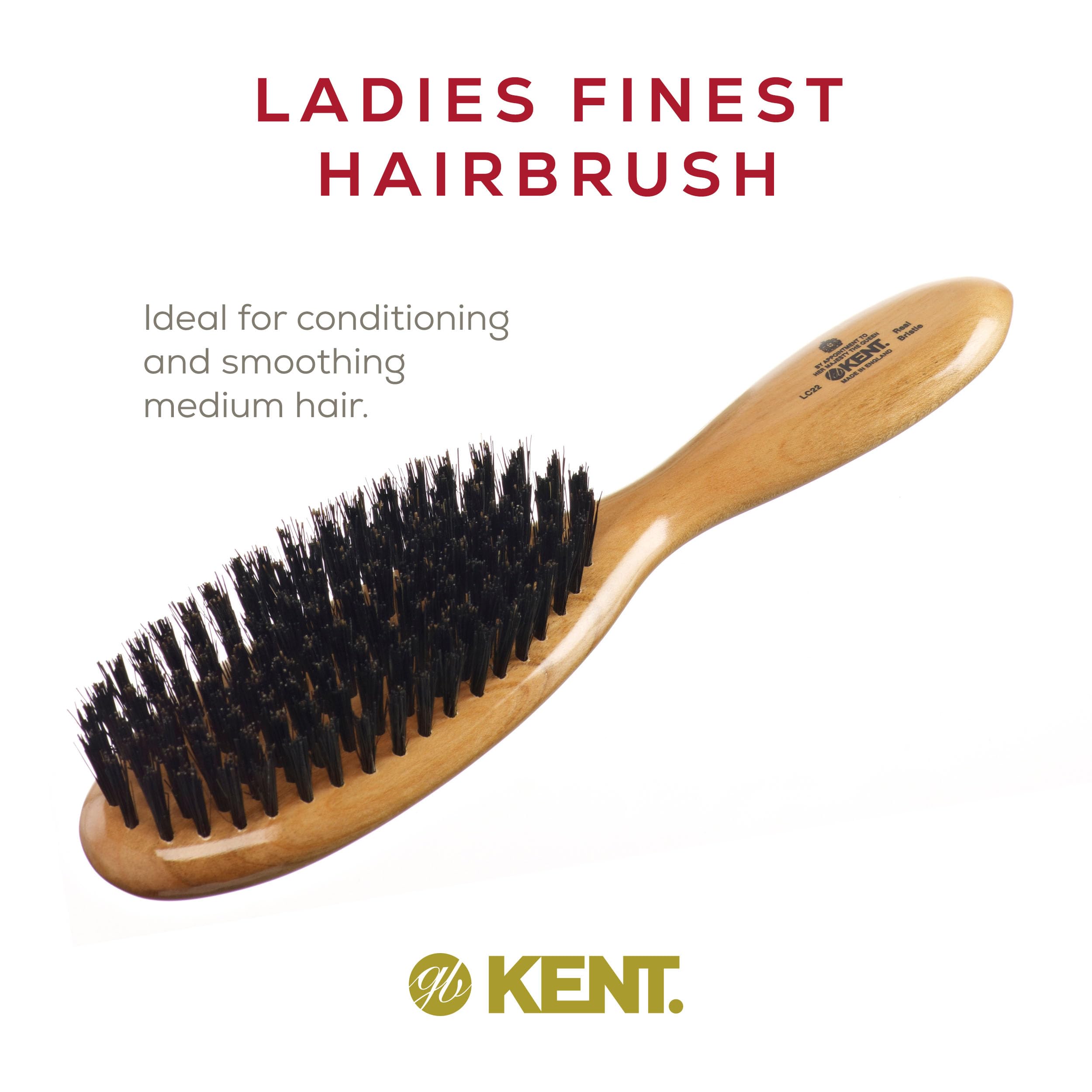Kent LC22 Finest Hair Brushes for Women Detangler Dry Brush Made of Cherrywood - Boar Bristle Oval Hairbrush for Medium to Thick