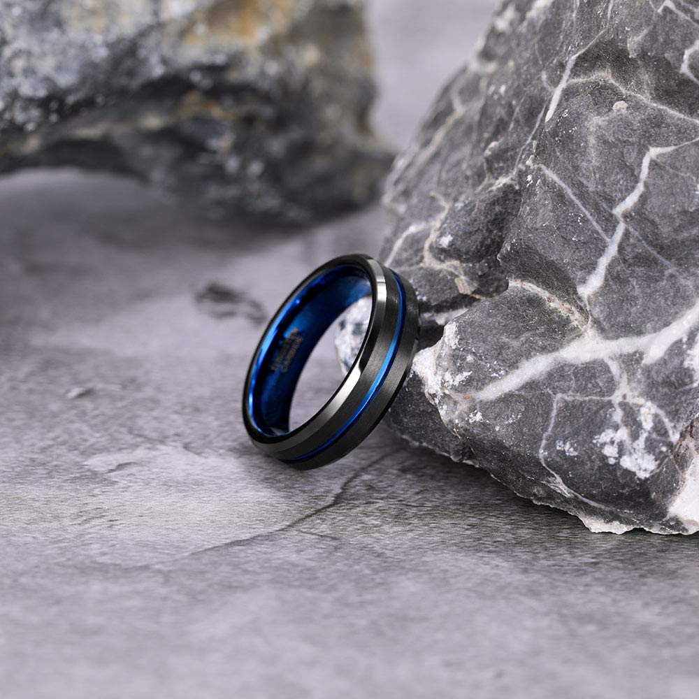 Greenpod 6mm Mens Black Tungsten Ring with Thin Blue Groove Beveled Edge Comfort Fit Size 10