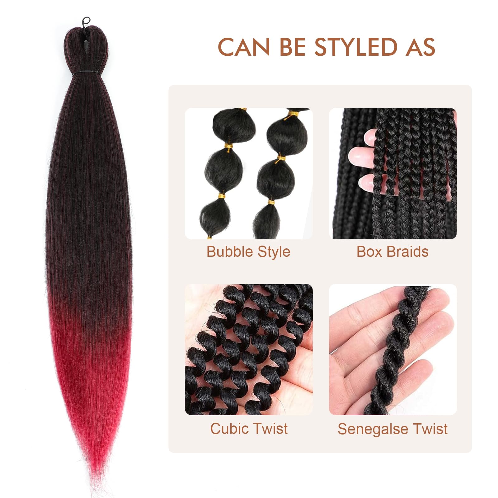 Difunee Pre-Stretched Braiding Hair - 16 Inch 8 Packs Ombre Red Short Braiding Hair For Twist Or Box Braids, Yaki Texture Hot Wa