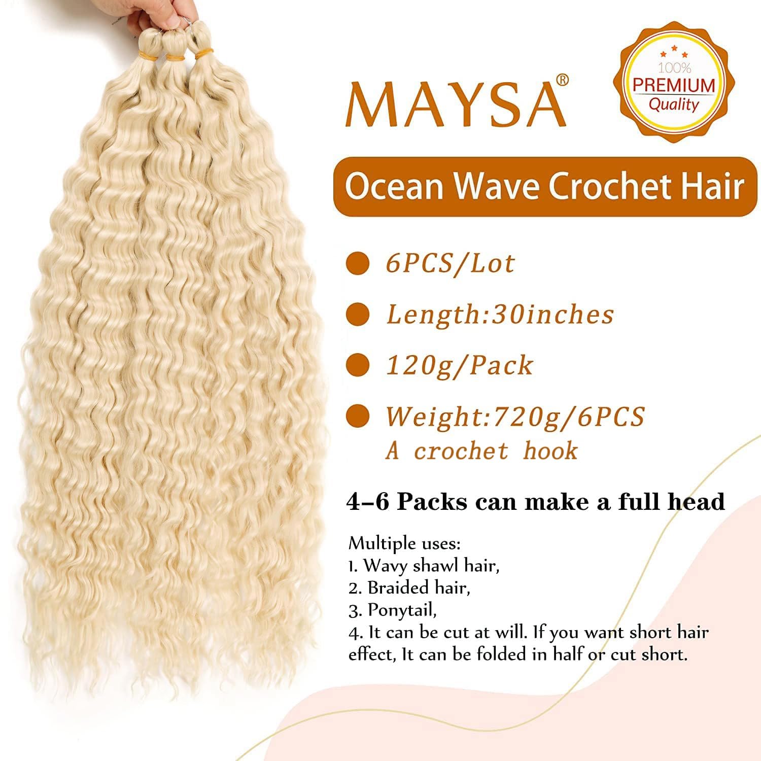 Blonde Ocean Wave Crochet Hair Extensions 30in 6Packs Curly Braiding Crochet Hair Synthetic Blonde Crochet Hair Extensions for W