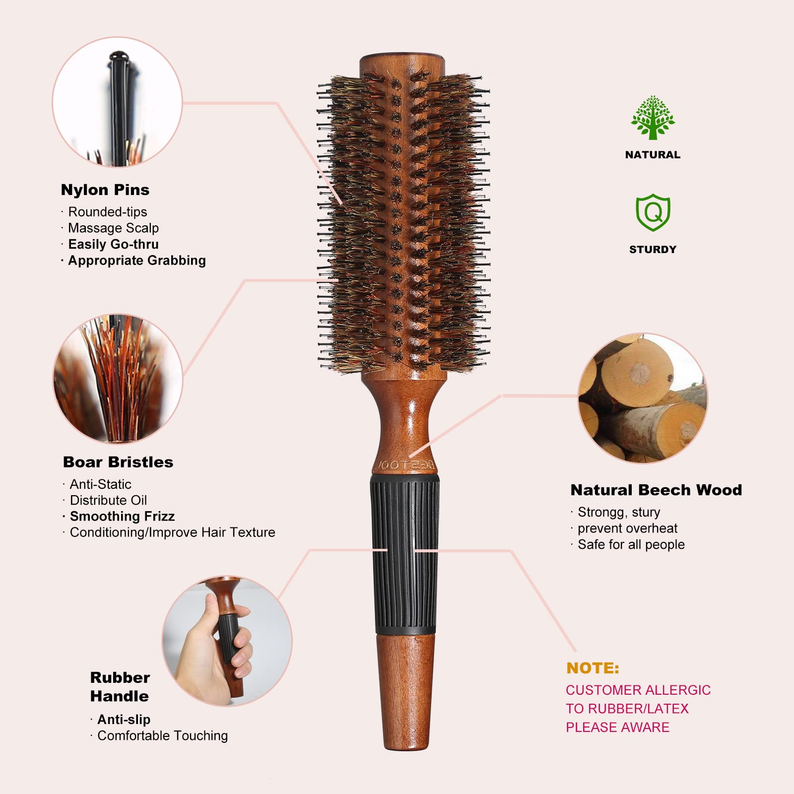 BESTOOL Round Brush for Blow Drying, Boar Bristle, 2.5 Inch, Brown, Model SUM-JP-ROLLER, Adds Shine & Volume, Minimizes Damage