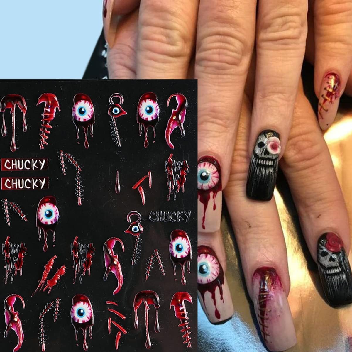 5D Halloween Nail Stickers Acrylic Sticker Realistic Eyes Bone Spider Embossed Halloween Skull Ghost Pumpkin Spider Bat Nail Art