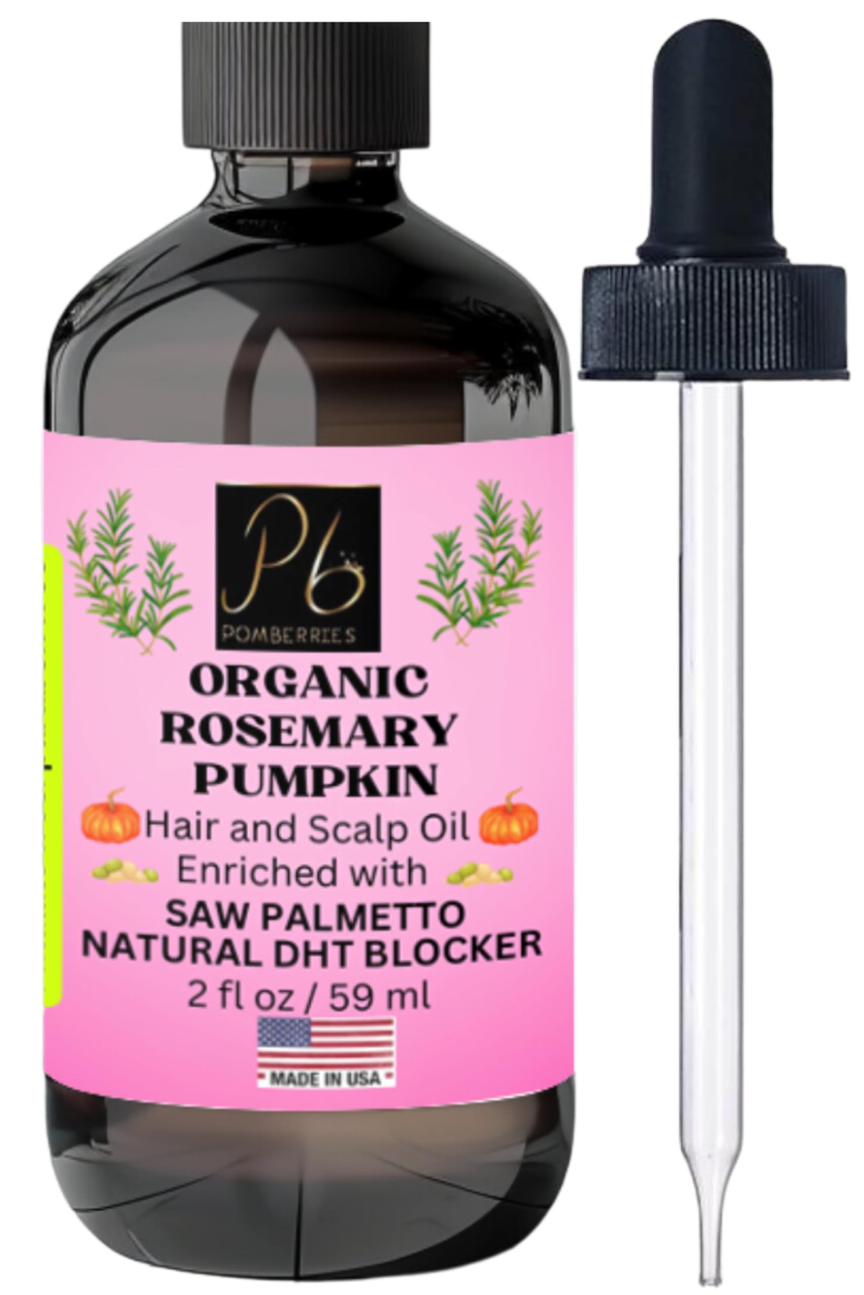 Pomberries Organic Rosemary, Saw Palmetto Oil, Peppermint, Scalp And Hair Strengthening Oil, Pumpkin Seed Hair Oil With Vitamin
