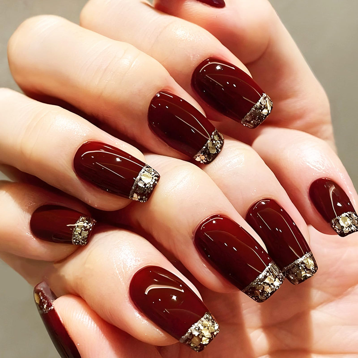 24Pcs Valentines Fake Nails Dark Red Press on Nails Glossy Gold Glitter French Tips Medium Coffin False Nails Sparkly Gold Frenc