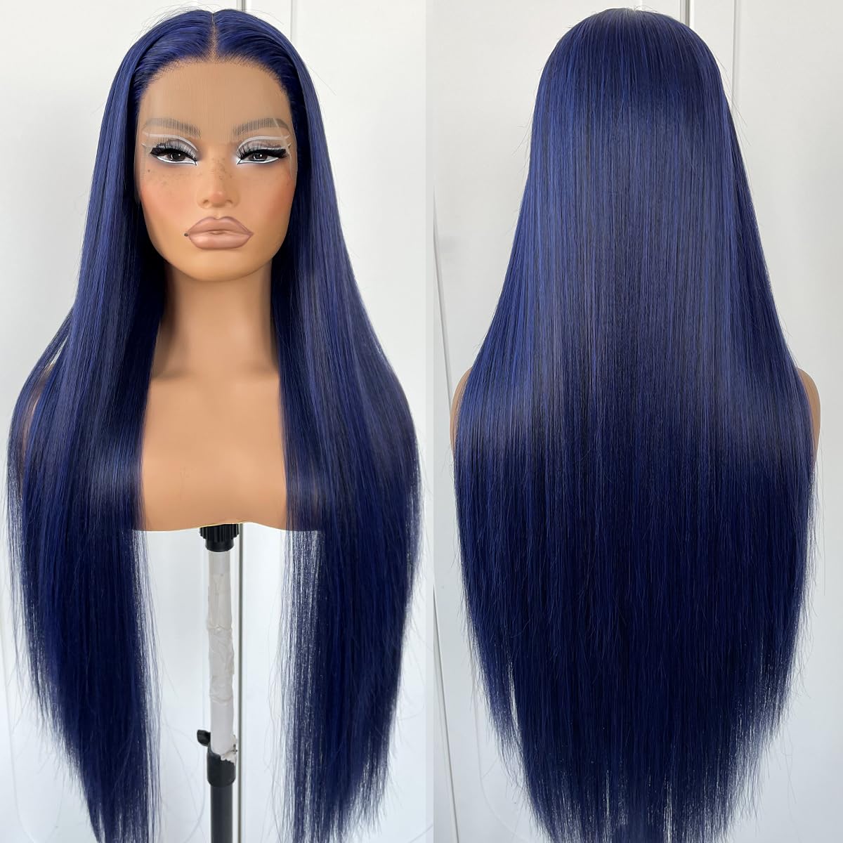 Mitimes Blue Straight Hd Lace Front Wig Pre-Plucked Glueless Synthetic Dark Blue Lace Front Wig For Fashion Women Transparent La