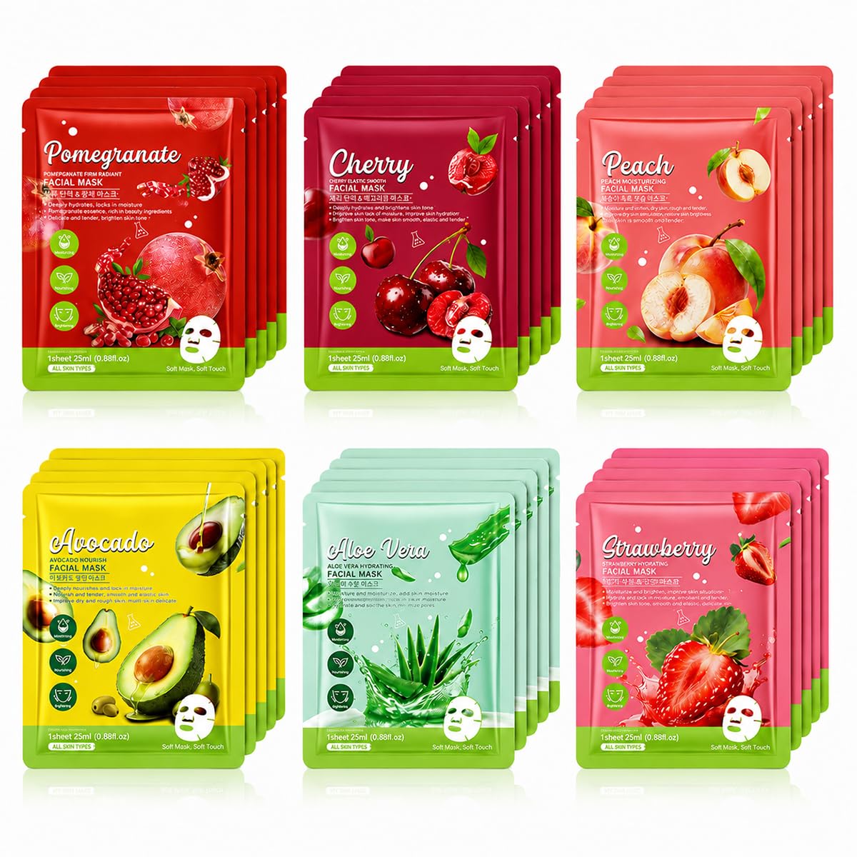 YJXFCBQIC 30PCS Fruit Sheet Masks Variety Pack, Hydrating Facial Mask Set with Avocado, Aloe Vera, Strawberry, Pomegranate, Cher