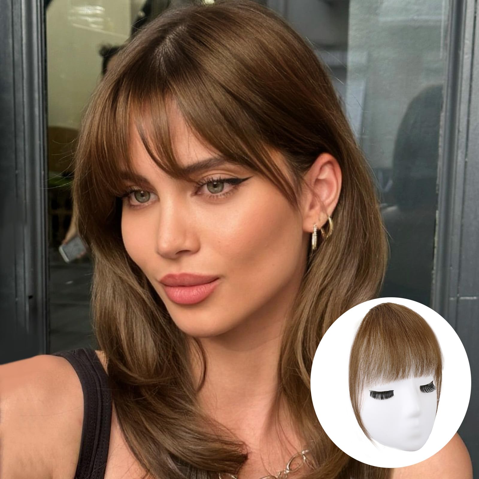 Bangs Hair Clip100% Human Remy Hair Light Brown Clip in Bangs Wispy Clip on Air Bangs for Women Fringe Bangs with Temples Curved