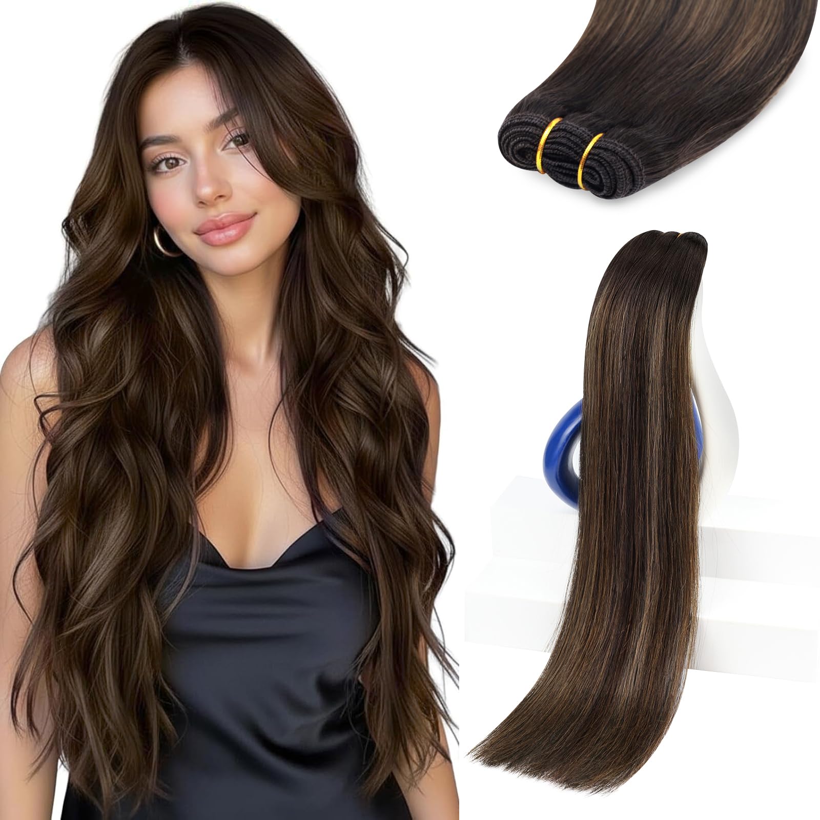 Sunny Hair Sew in Hair Extensions Real Human Hair 135G Double-Wefted Dark Brown Ombre Medium Brown Long Hand-Tied Bundles for Wo