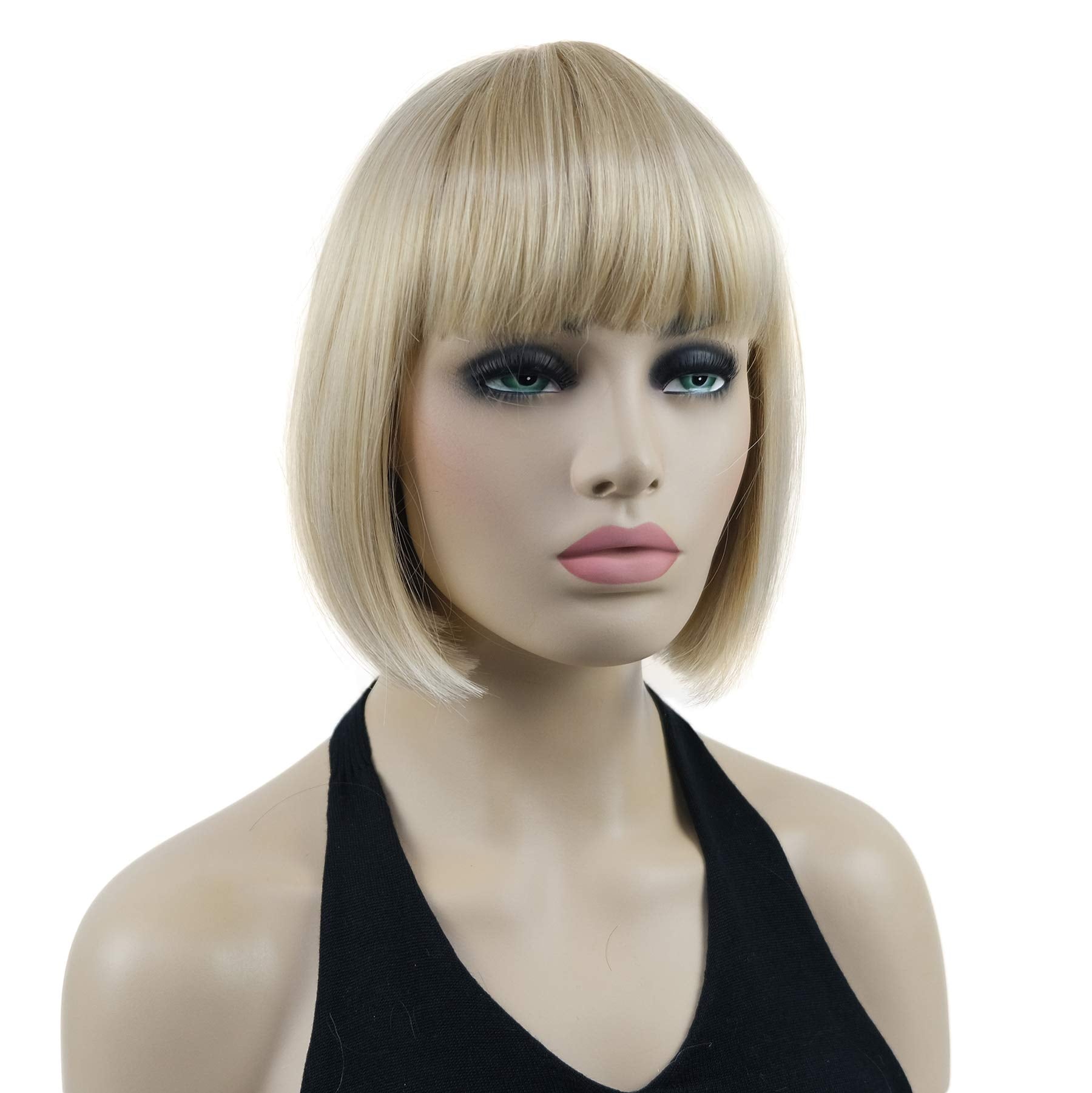 Lydell 8'' Straight Short Bob Hair Flat Bangs Cute Central Dot Skin Top Heat Resistant Synthetic Wigs (24Bt613 Blonde Mix)