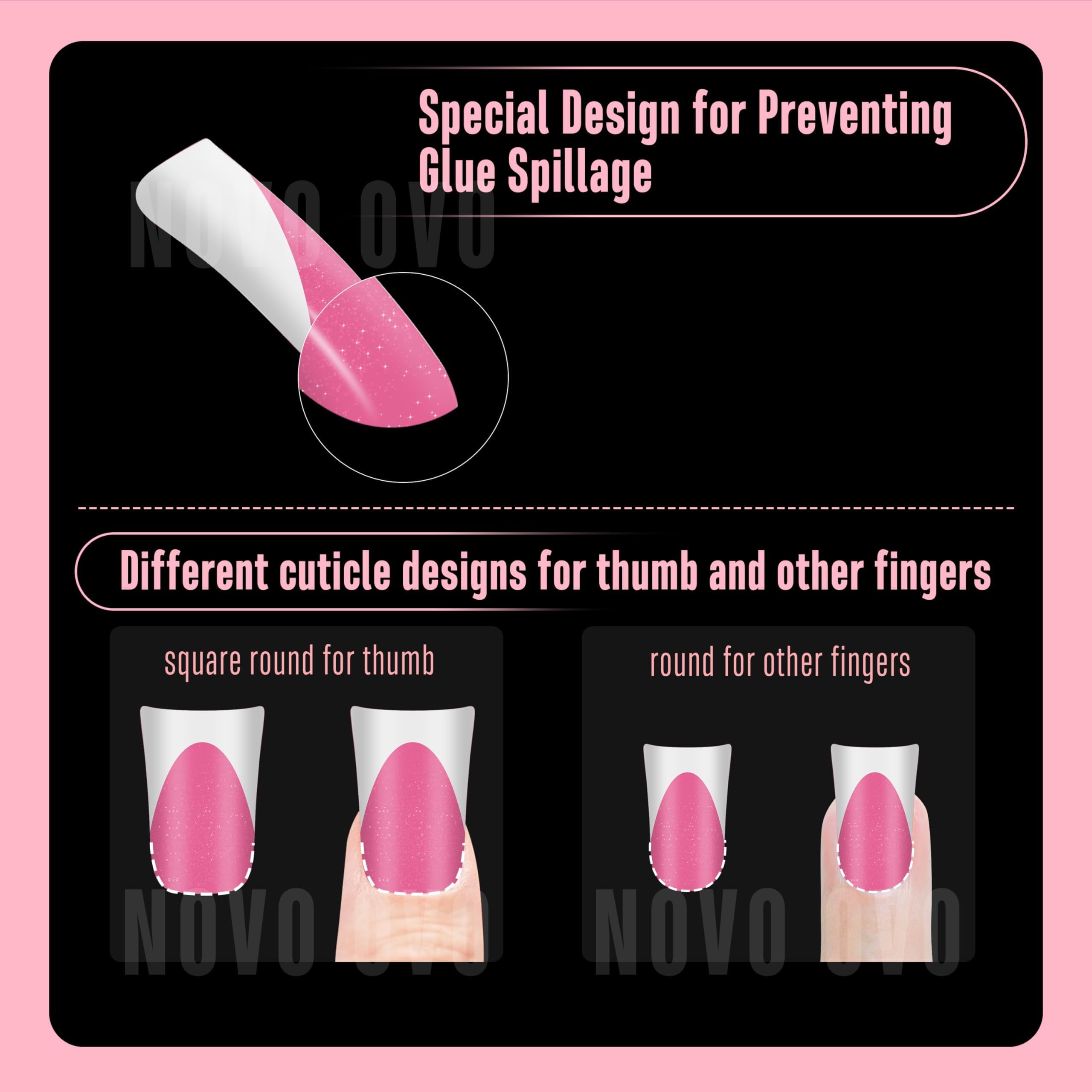 NOVO OVO Short Duck Nail Tips French Tip Press On ROSE PINK with Glitter, Soft Gel Nail Extension, Need Buider Gel Top Coat, No
