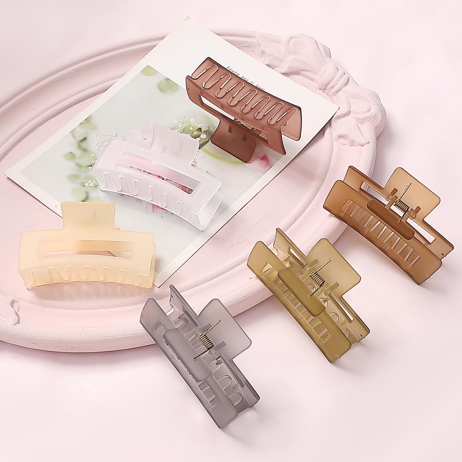 Sisiaipu 3.5 Inch Medium Hair Accessories - 6 Pack Square And Rectangle Banana Jaw Clips For Women And Girls - Tea