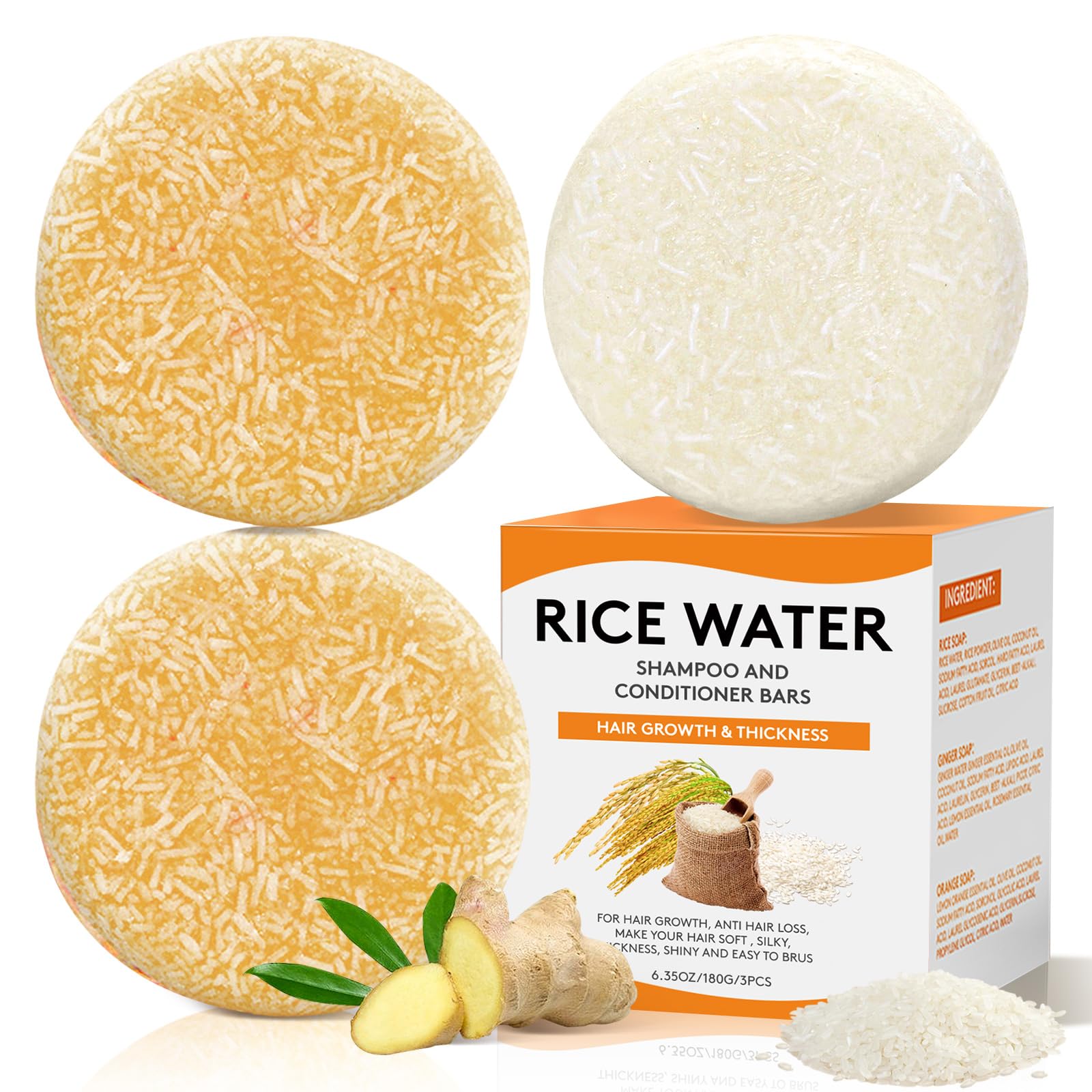 Pubpok Rice Water Shampoo Bars And Conditioner Set For Hair Growth, Organic Ginger & Rice Water Shampoo Bar, Orange Conditioner