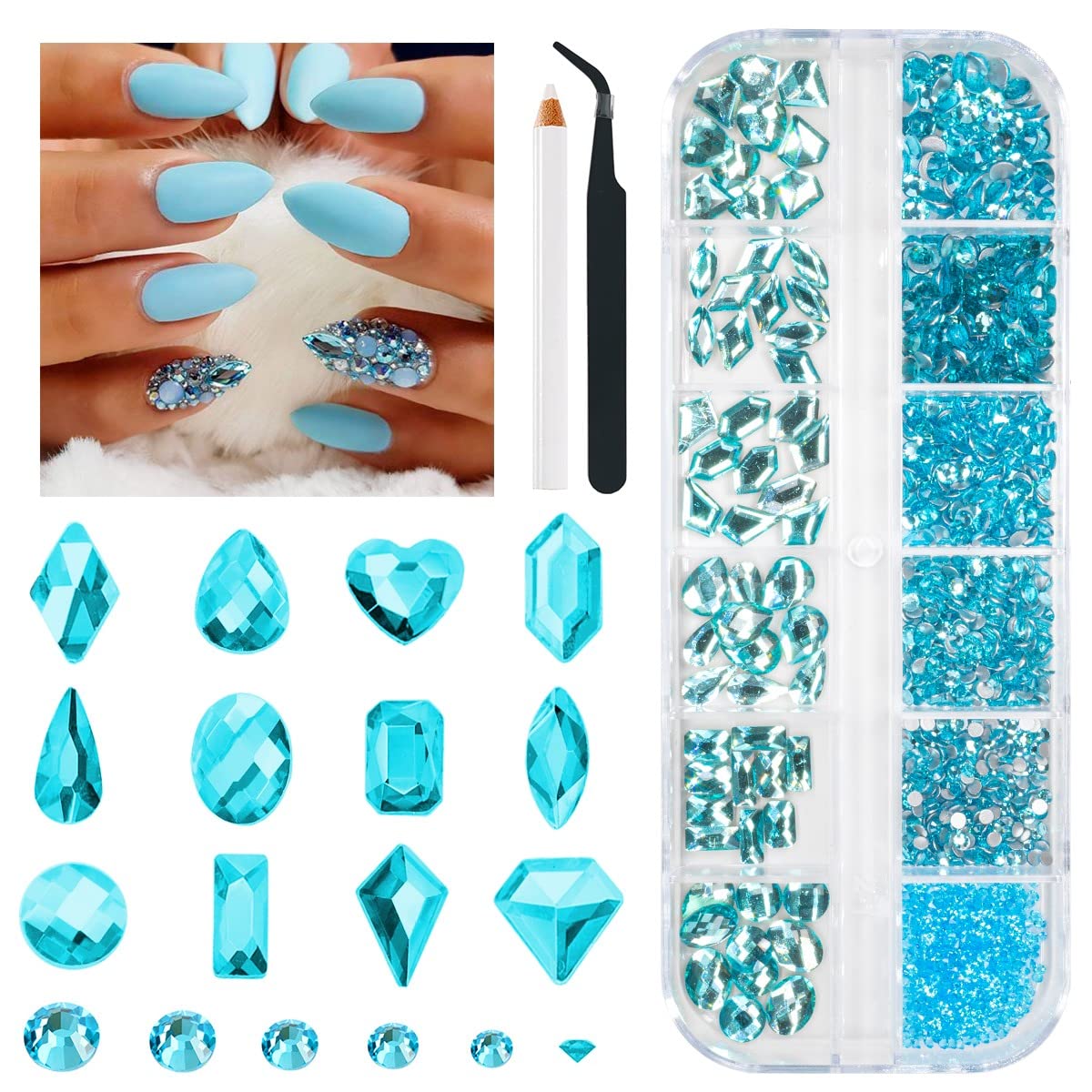 1300Pcs Aquamarine Nail Rhinestones Water Blue Rhinestones For Nails 60 Multi Shapes Big Gems +1240 Flatback Round Beads K9 Glas