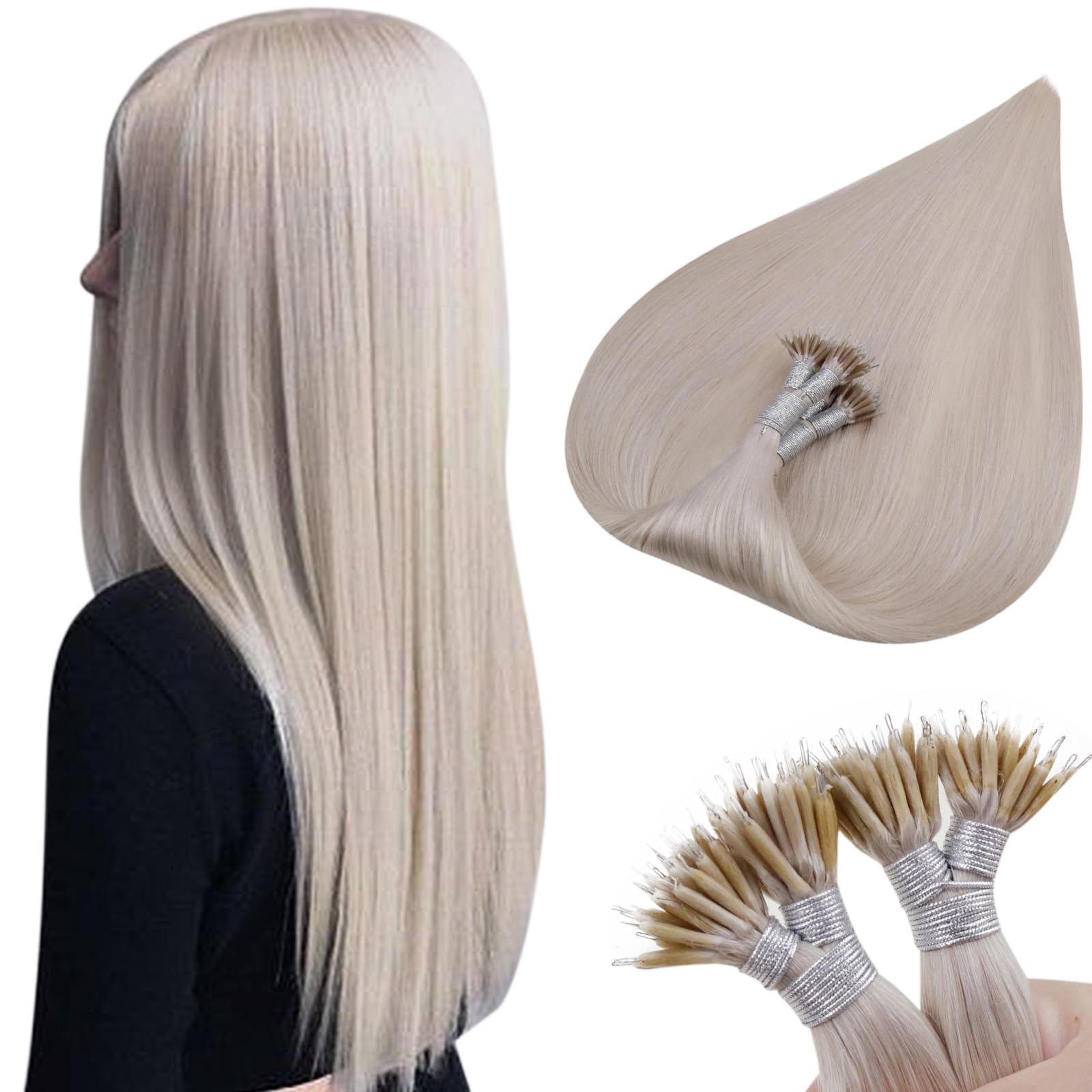 Hetto Nano Hair Extensions Real Human Hair Blonde Nano Ring Hair Extensions #60 Platinum Blonde Nano Bead Hair Extensions 14 Inc