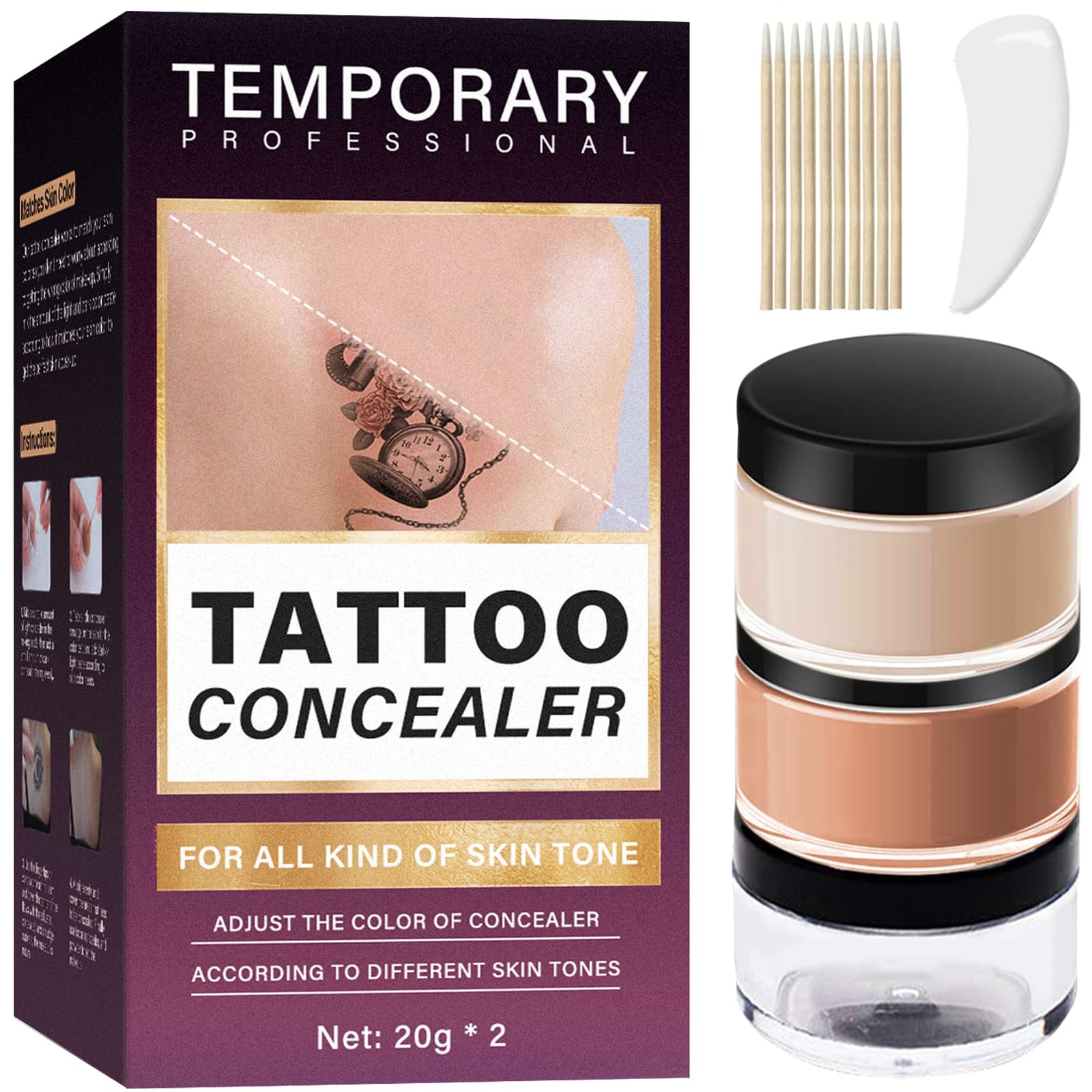 Tattoo Cover Up Makeup Waterproof, 2 Pack 40g Total Waterproof Tattoo Makeup Cover Up for Face and Body Long Lasting Skin Tone C