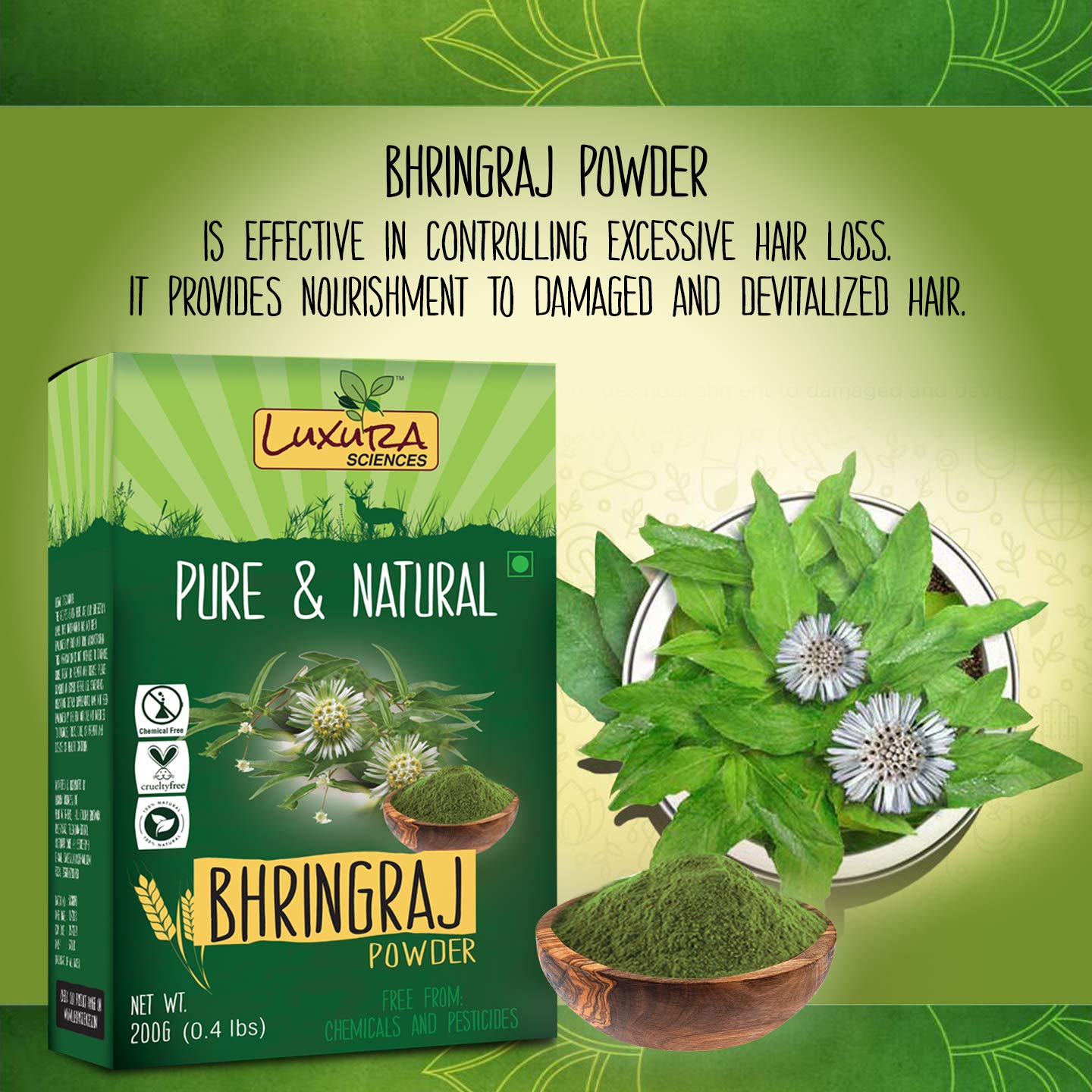 Luxura Sciences Organic Bhringraj Powder | Reduces Dandruff, Thinning & Dryness | Adds Shine & Restores Natural Color of Hair |
