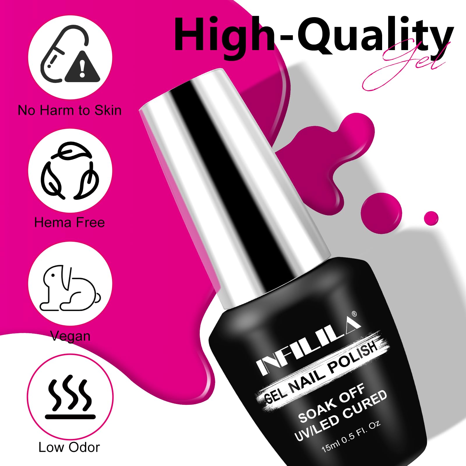 Nxj Infilila Hot Pink Nail Polish, 15Ml 0.51Oz Neon Pink Gel Nail Polish, Hema Free Pink Nail Gel Polish Long Lasting High Gloss