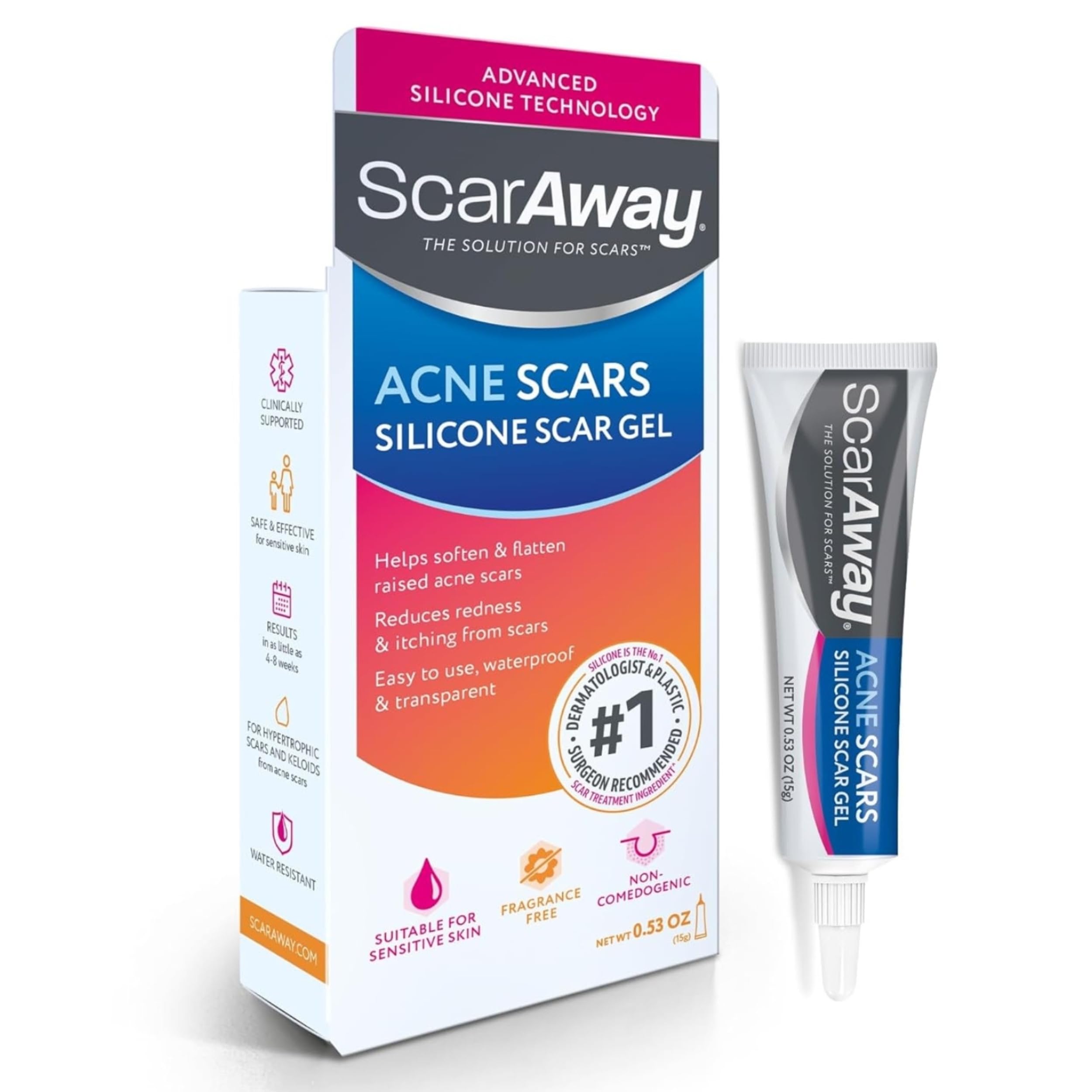 Scaraway Acne Scar Treatment, Clear Silicone Scar Gel, 100% Medical-Grade, Helps Improve Size, Color & Texture Of Post-Acne Hype