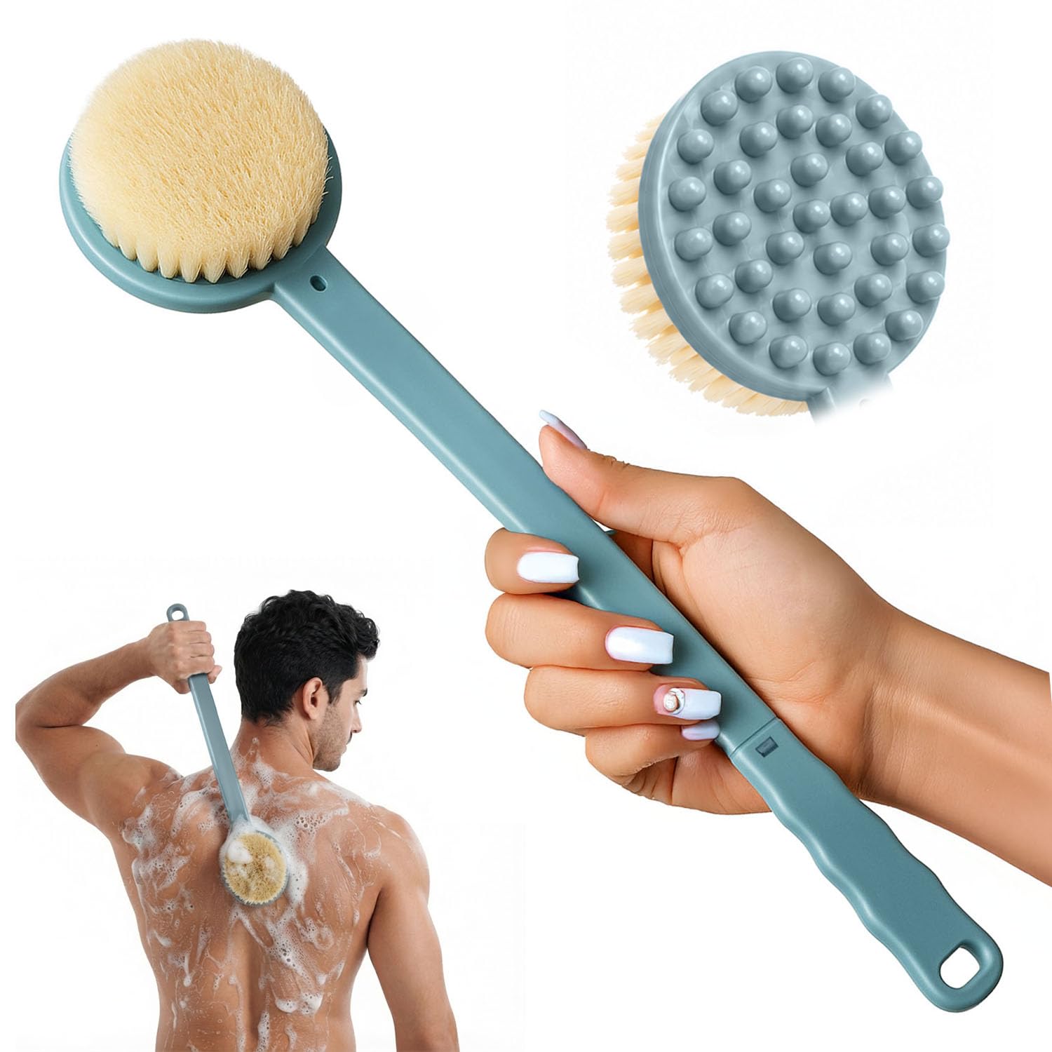 Bath Body Brush for Women & Men, Back Scrubber Shower Brush Exfoliating Back, Body and Feet Scrubbing Soft Nylon Bristles, 15inc