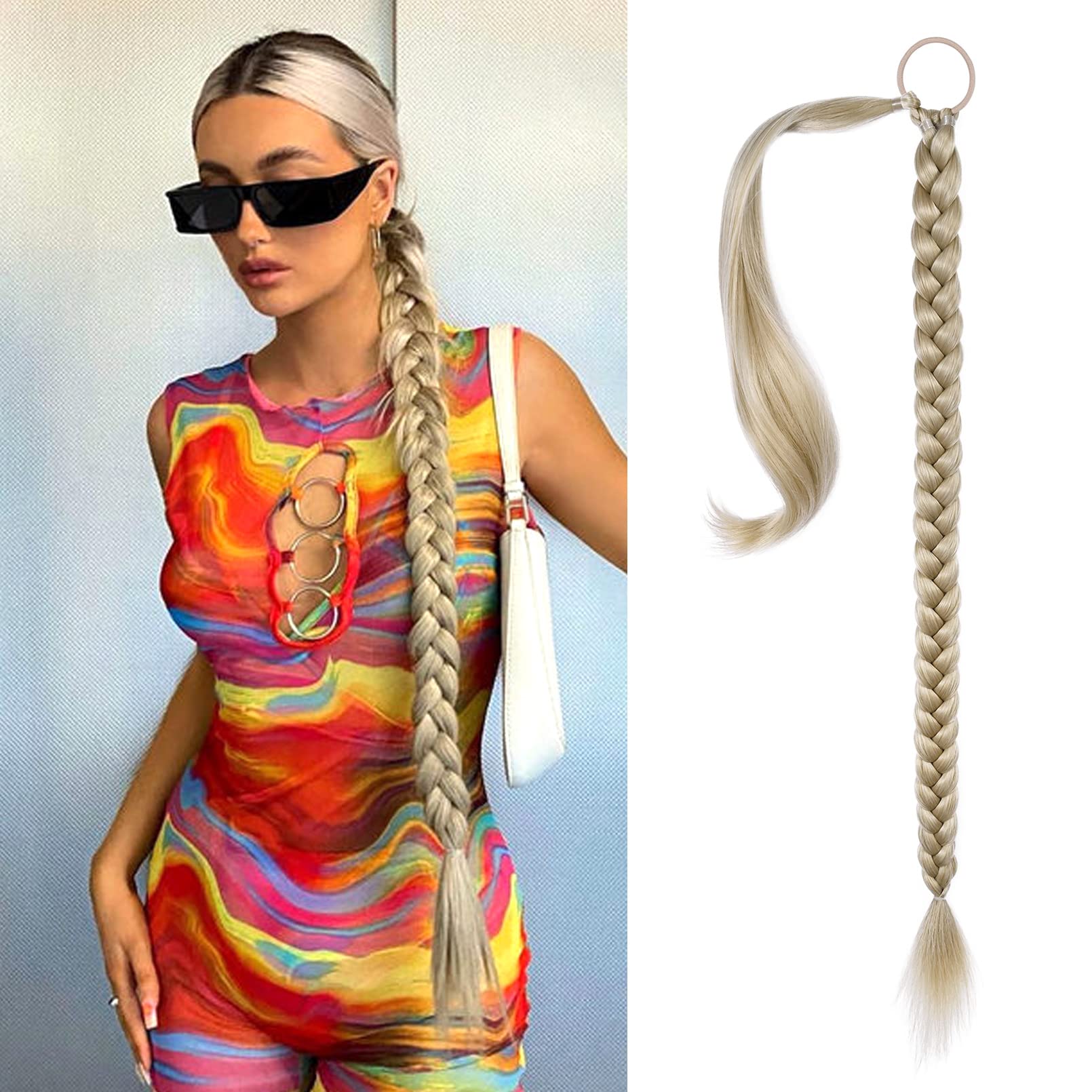 SEIKEA Long DIY Braided Ponytail Extension with Hair Tie Straight Wrap Around Hair Extensions Ponytail Natural Soft Hairpiece Li