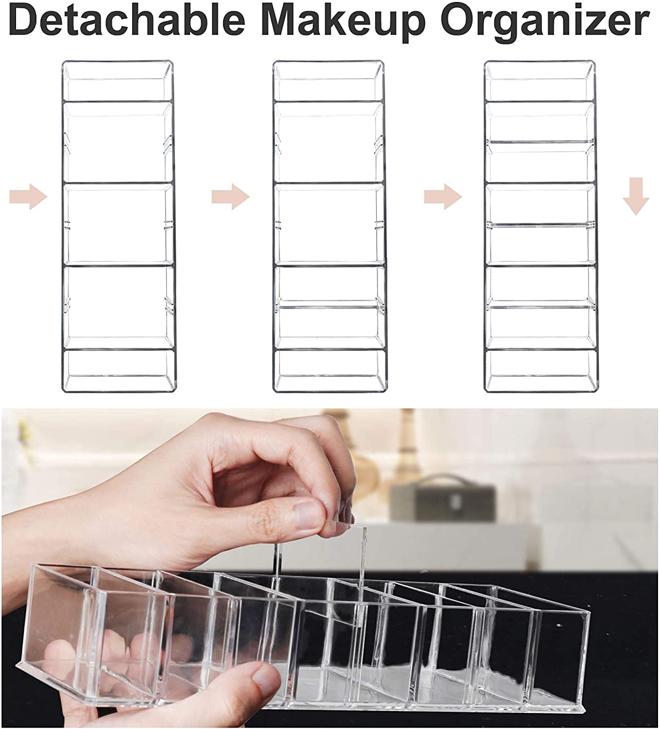 Seitop 2 Pack Detachable Makeup Organizer, 8 Compartments Acrylic Cosmetic Storage Jewelry Display Boxes, Clear Drawer Organizer