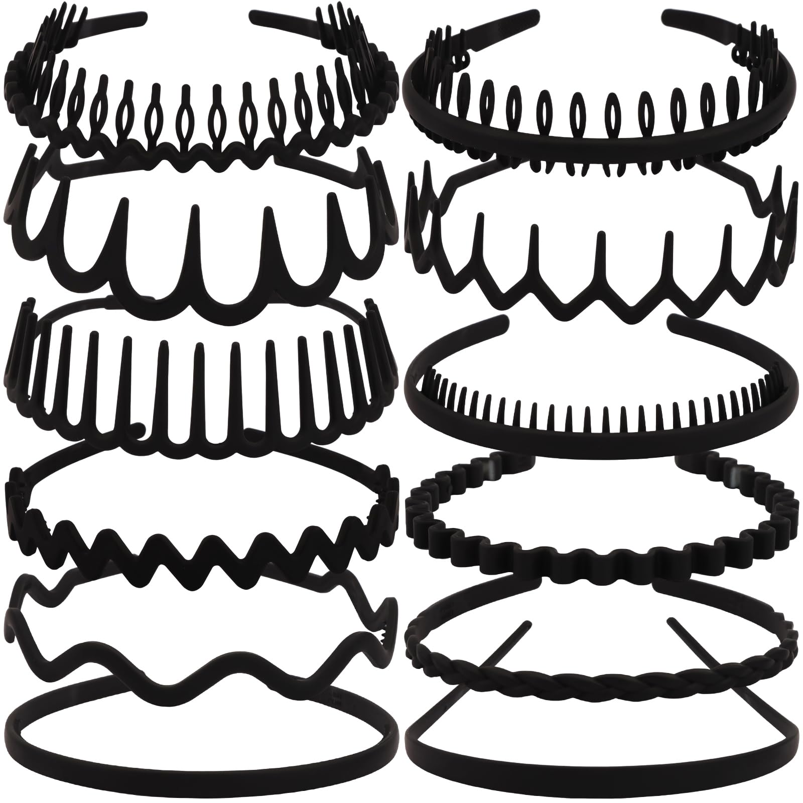 TOBATOBA 12Pcs Black Headbands for Women with Teeth Plastic Head Bands for Women's Hair Non Slip Comb Skinny Zig Zag Headbands F