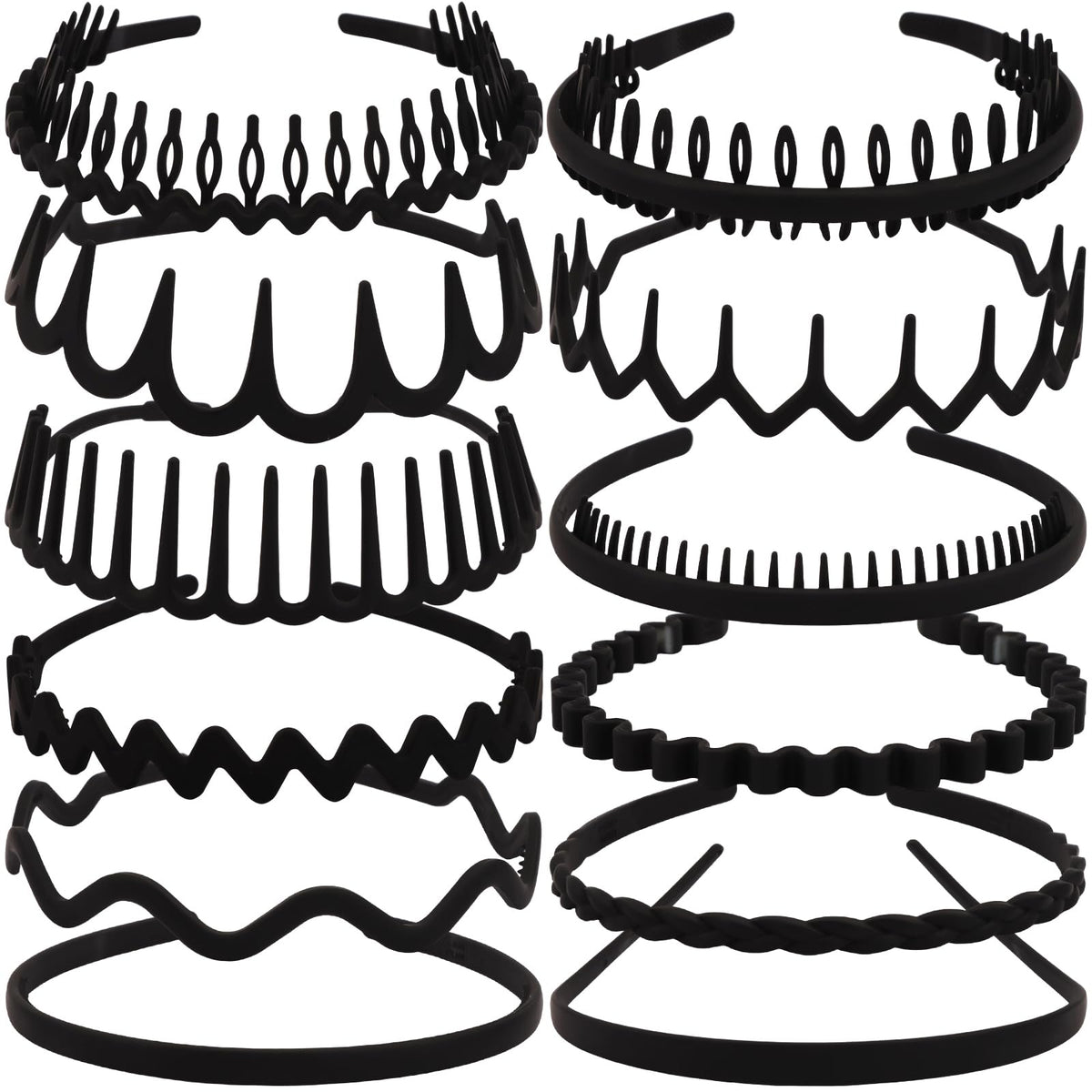 Tobatoba 12Pcs Black Headbands For Women With Teeth Plastic Head Bands For Women'S Hair Non Slip Comb Skinny Zig Zag Headbands F