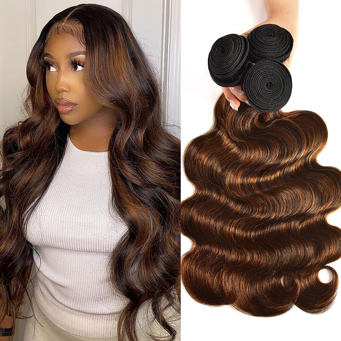 Nadula Hair 12A Brown Balayage Ombre Body Wave Human Hair Weave 3 Bundles, Brazilian Highlight Remy Hair Chocolate Brown Human H