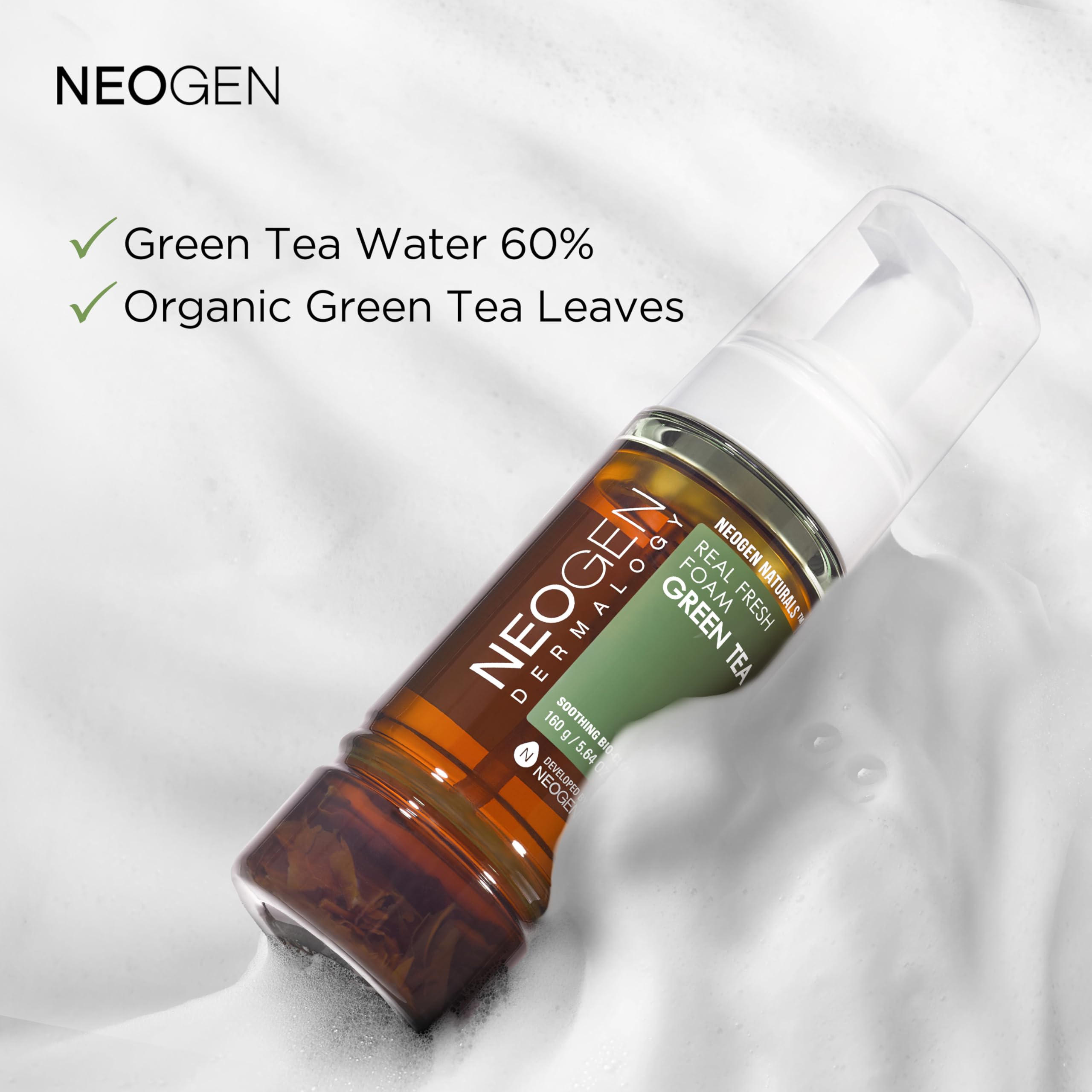 Dermalogy By Neogenlab Real Fresh Foam Cleanser, Green Tea 5.6 Fl Oz (160G) - Soothing & Hydrating Gentle Cleansing Foam With Re