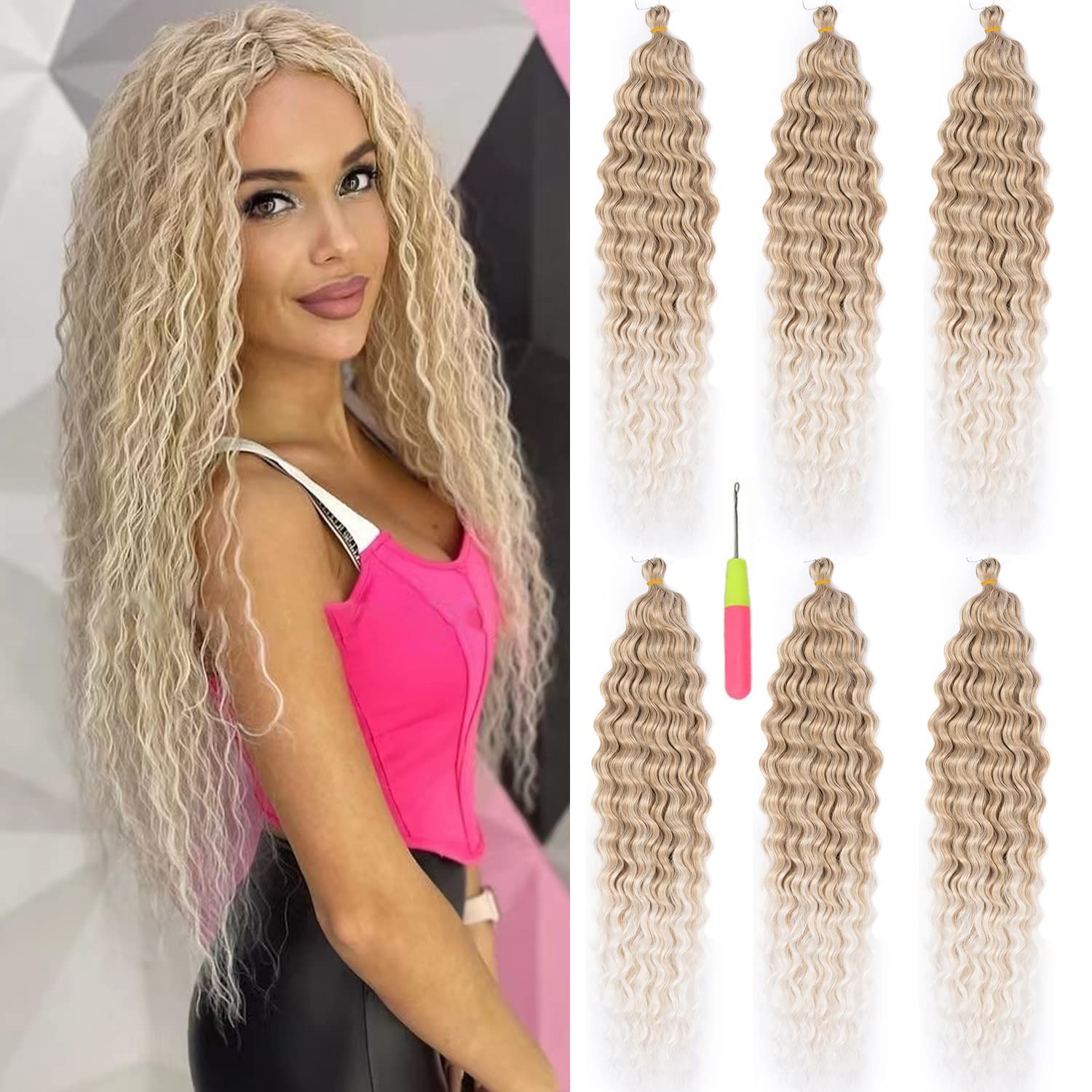 Curly Braiding Crochet Hair Blonde 22inch Ocean Wave Crochet Hair Wavy Synthetic Ombre Crochet Hair 6Packs #18/56c Blond mix Pla
