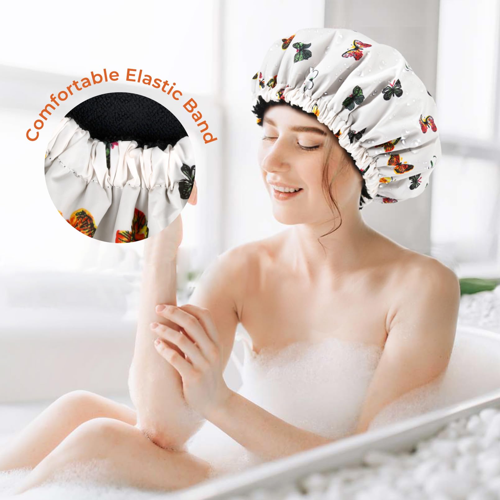 Shower Cap For Women Terry Lined Bath Cap Large Reusable Waterproof Elastic Band Butterfly Shower Caps For Long Thick Hair Soft