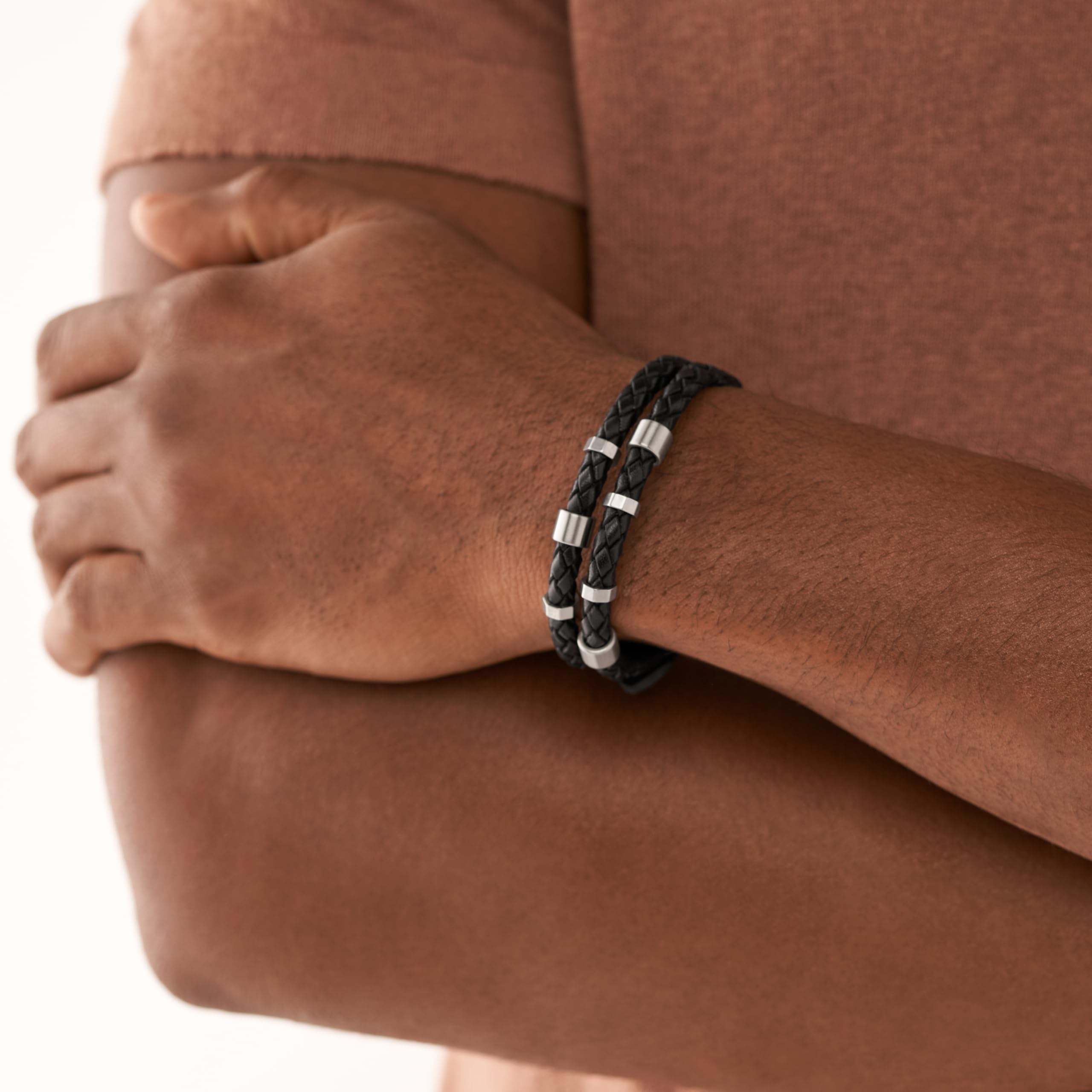 Fossil Men's Stainless Steel & Leather Black Multi Braided Leather Bracelet, Color: Black (Model: JF04473040)