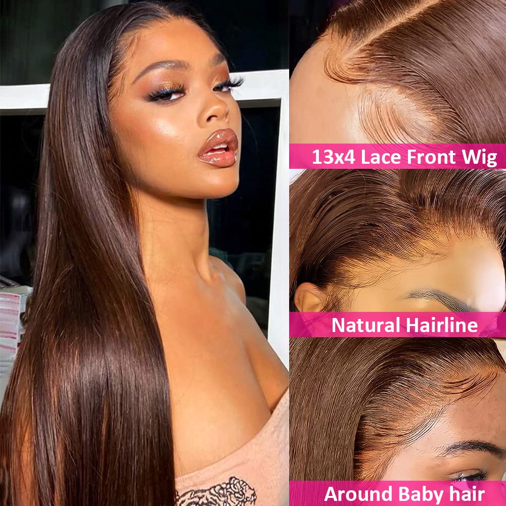 Hermosa 13X4 Chocolate Brown Lace Front Wigs Human Hair With Baby Hair 180 Density Straight Lace Frontal Human Hair Wigs Pre Plu