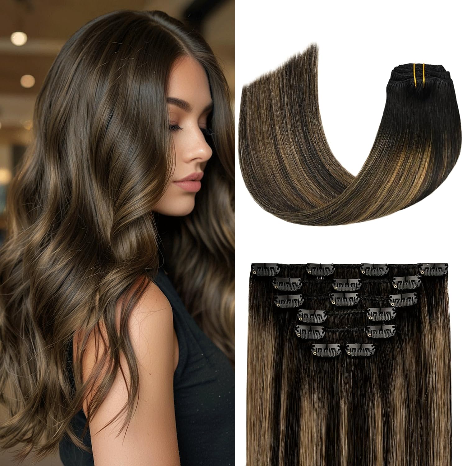 Aison Clip in Hair Extensions 70G Natural Black to Chestnut Brown 100% Remy Human Hair Clip in Extensions for Fashion Women 7pcs
