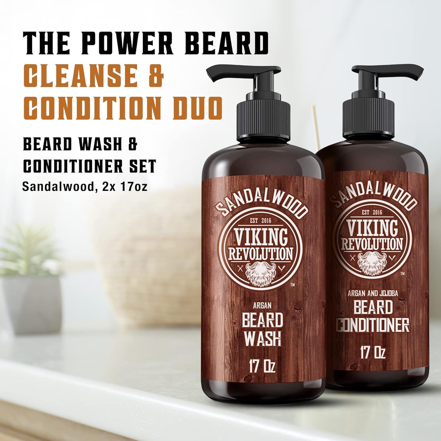 Viking Revolution Beard Wash & Beard Conditioner Set With Argan & Jojoba Oils - Softens And Strengthens - Natural Sandalwood Sce