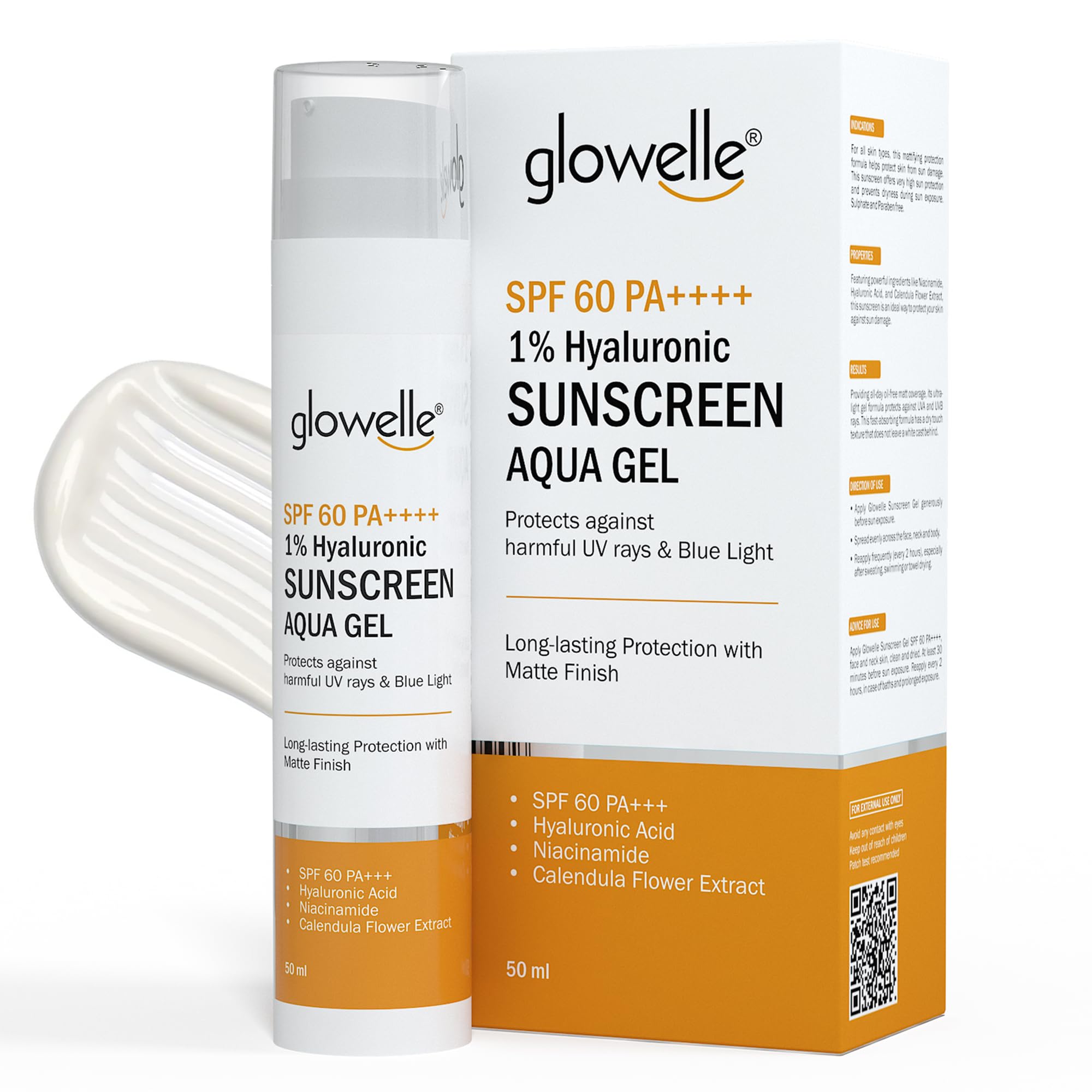 Glowelle 1% Hyaluronic Sunscreen Aqua Gel With Spf 60 Pa++++ For Broad Spectrum, Uv A, Uv B & Blue Light Protection, Matte Finis