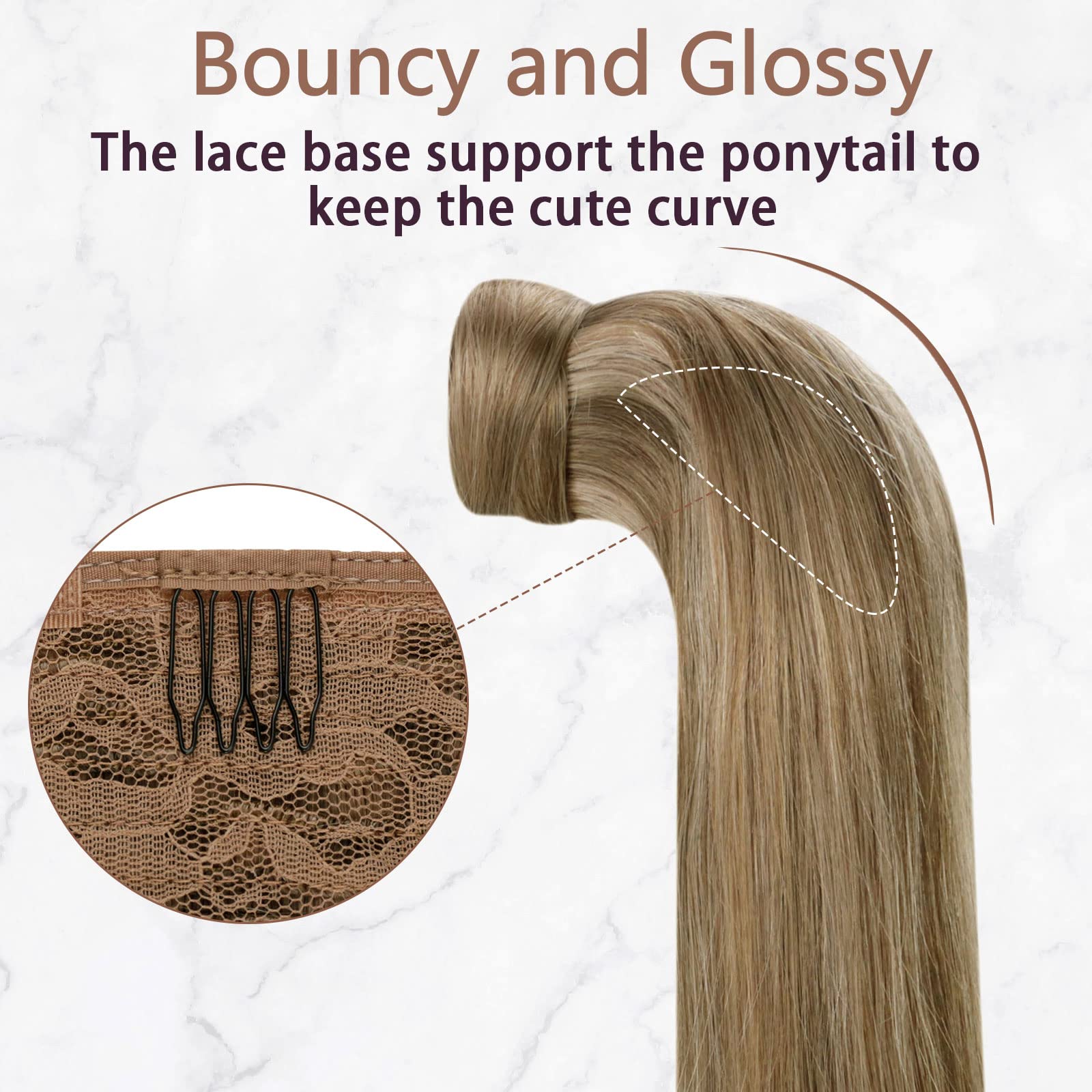RUNATURE Blonde Human Hair Ponytail Extension 16 Inch Straight Clips Ponytail Hair Extensions Human Hair Thick Dark Blonde with