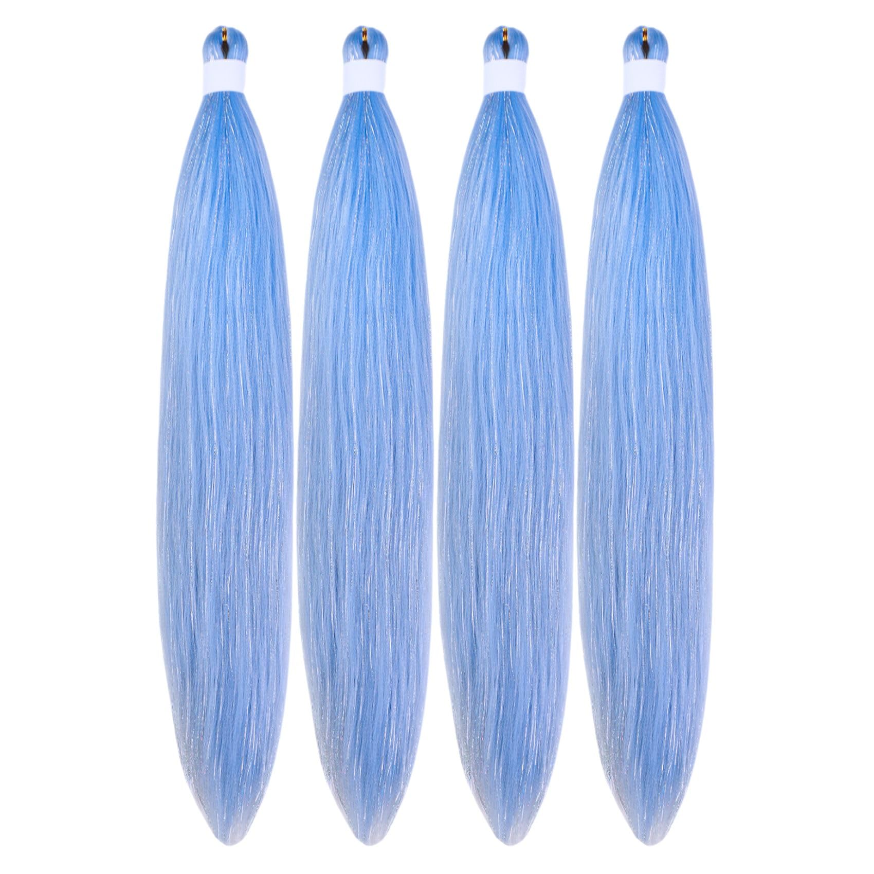 Sparkling Baby Blue Tinsel Braiding Hair Pre Stretched Glitter Braiding Hair Extensions for Knotless Box Braids(26Inch 4 Packs)
