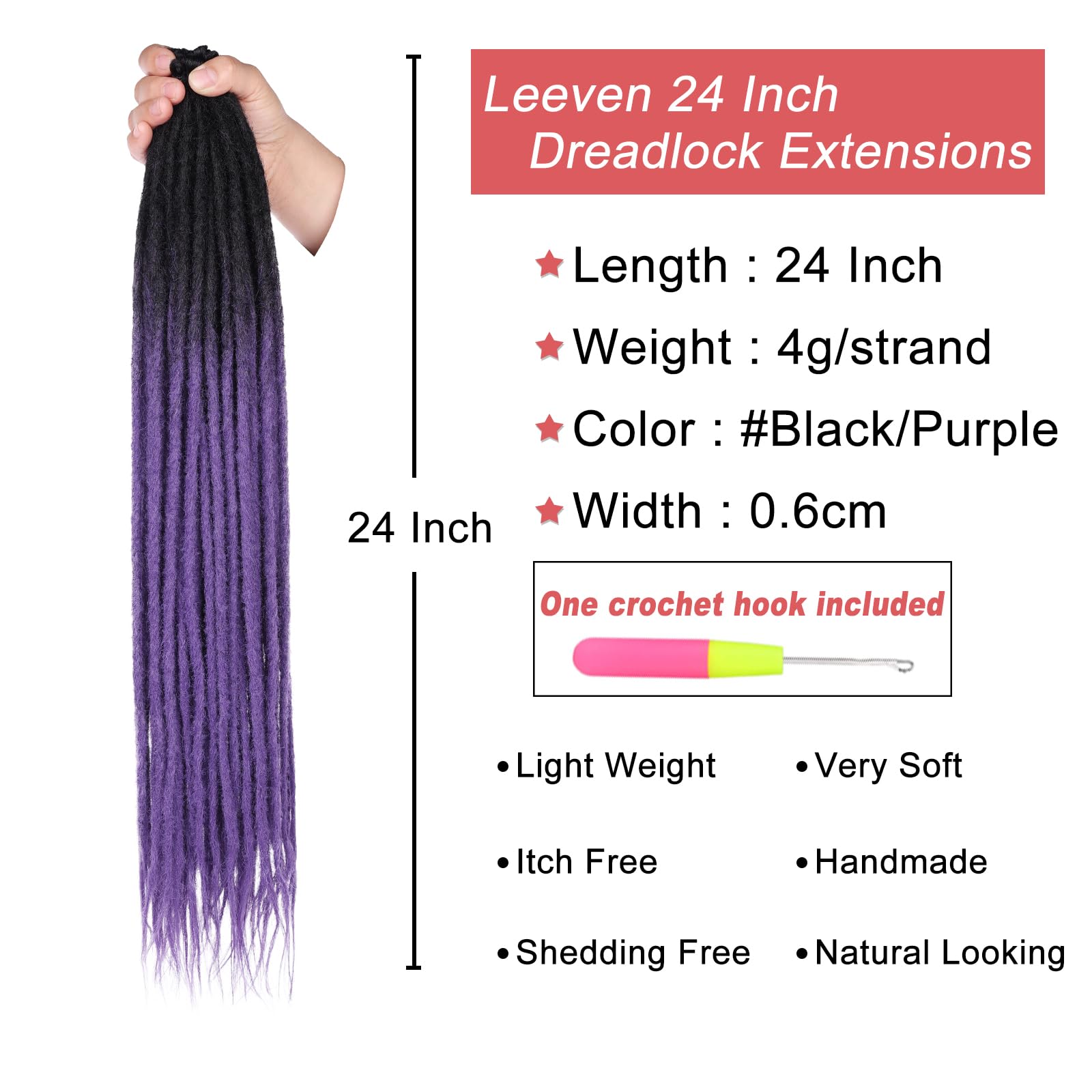Leeven Synthetic Dreadlock Extensions 24 Inch, 20 Strands, Black to Purple, Handmade Soft Locs for Women & Men