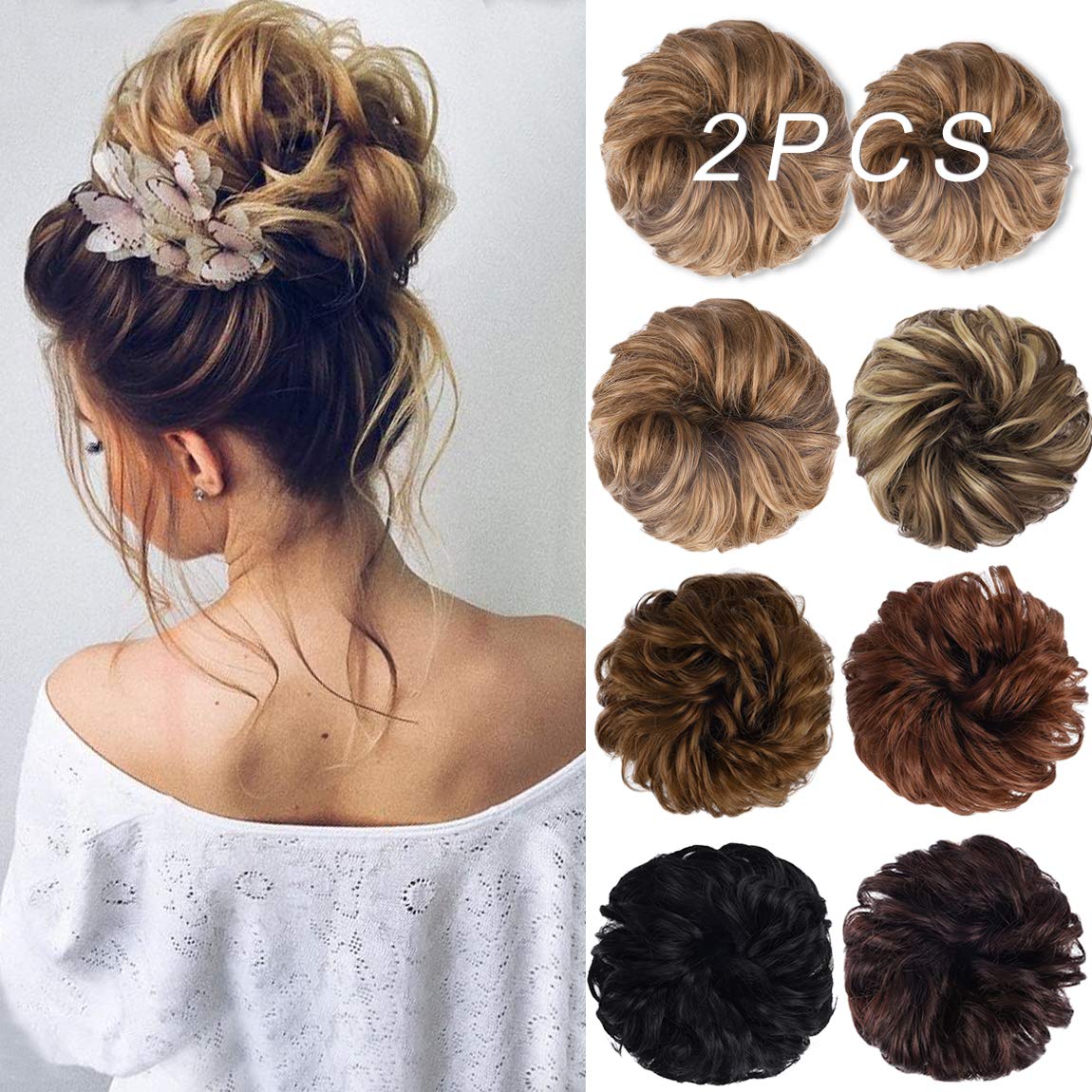 HOOJIH Messy Bun Hair Piece, 2PCS Tousled Updo Hair Extensions Hair Bun HCB001 Daisy Curly Wavy Ponytail Hairpieces Hair Scrunch