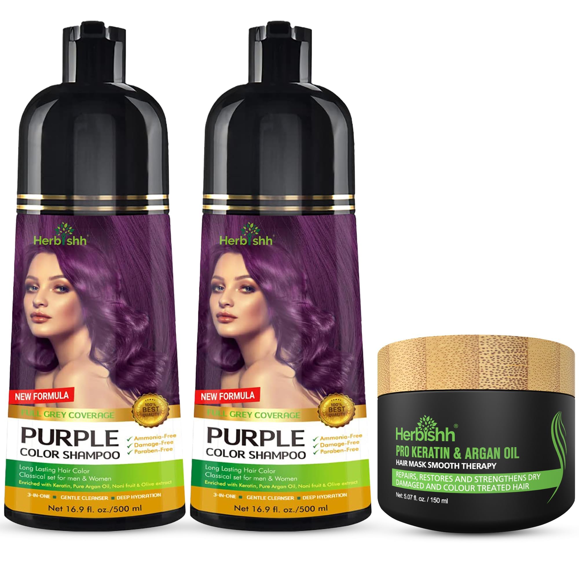 Combo Pack - Herbishh Purple Dye Shampoo for Gray Hair + Argan Intense Hair Mask - Long-lasting Color - Stimulates Dry, Frizzy H