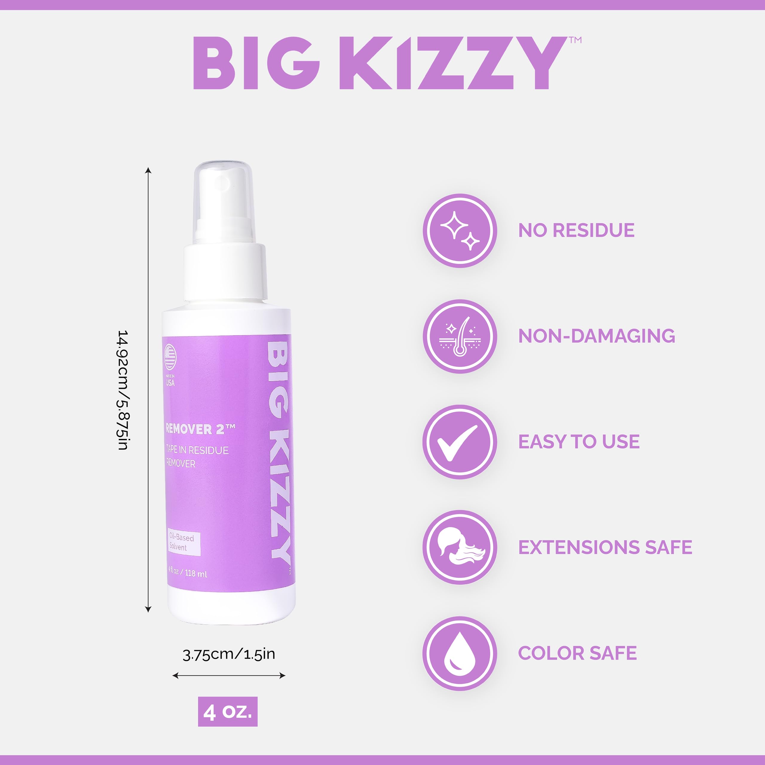 Big Kizzy Remover 2 (4Oz) - Tape In Extension Remover For Residue - Quick + Non-Damaging Human Hair Extension, Wig, & Hair Syste