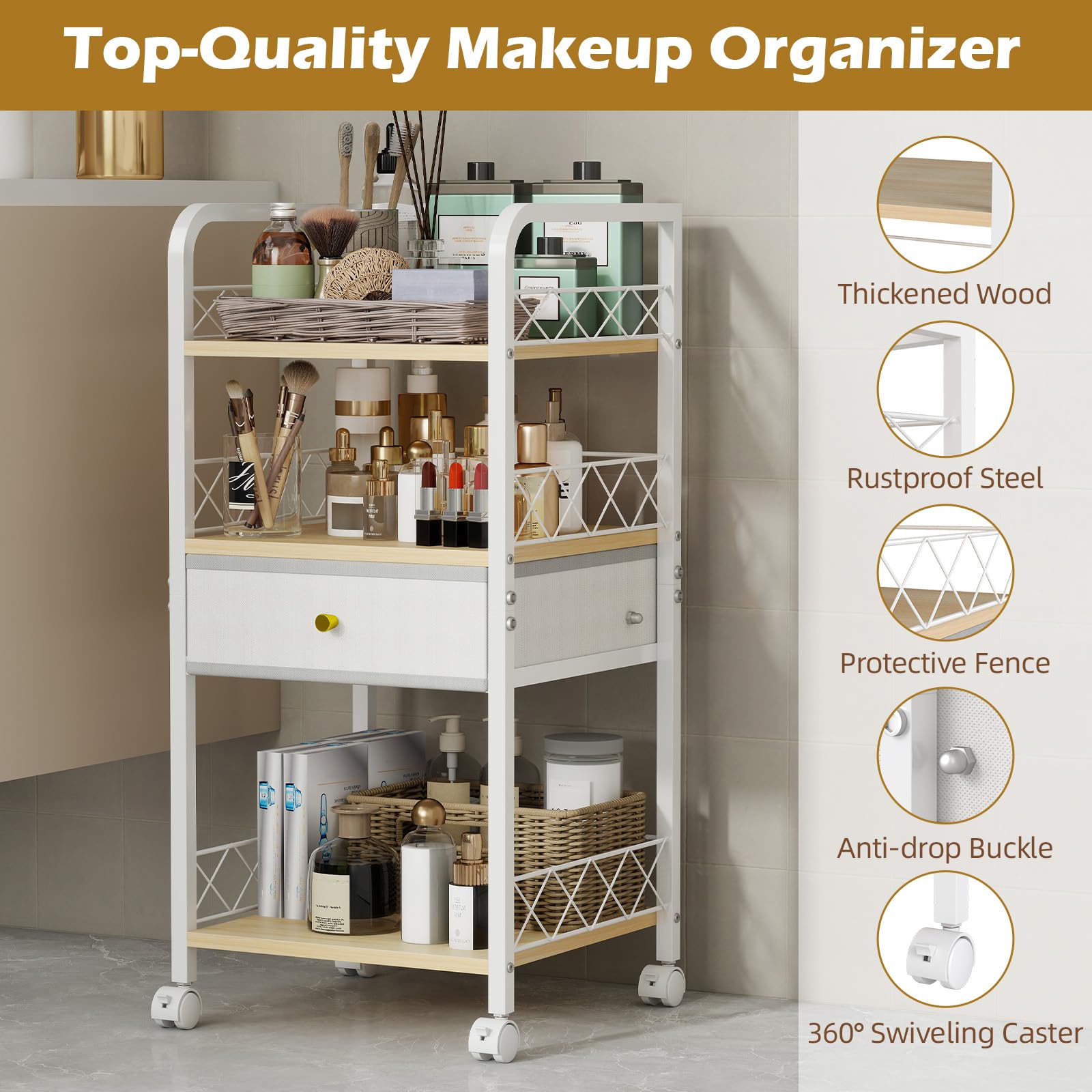 Floor Makeup Organizer Cart with Drawer,Rolling Bathroom Organizers and Storage,Versatile Skincare Perfume Storage Vanity Organi