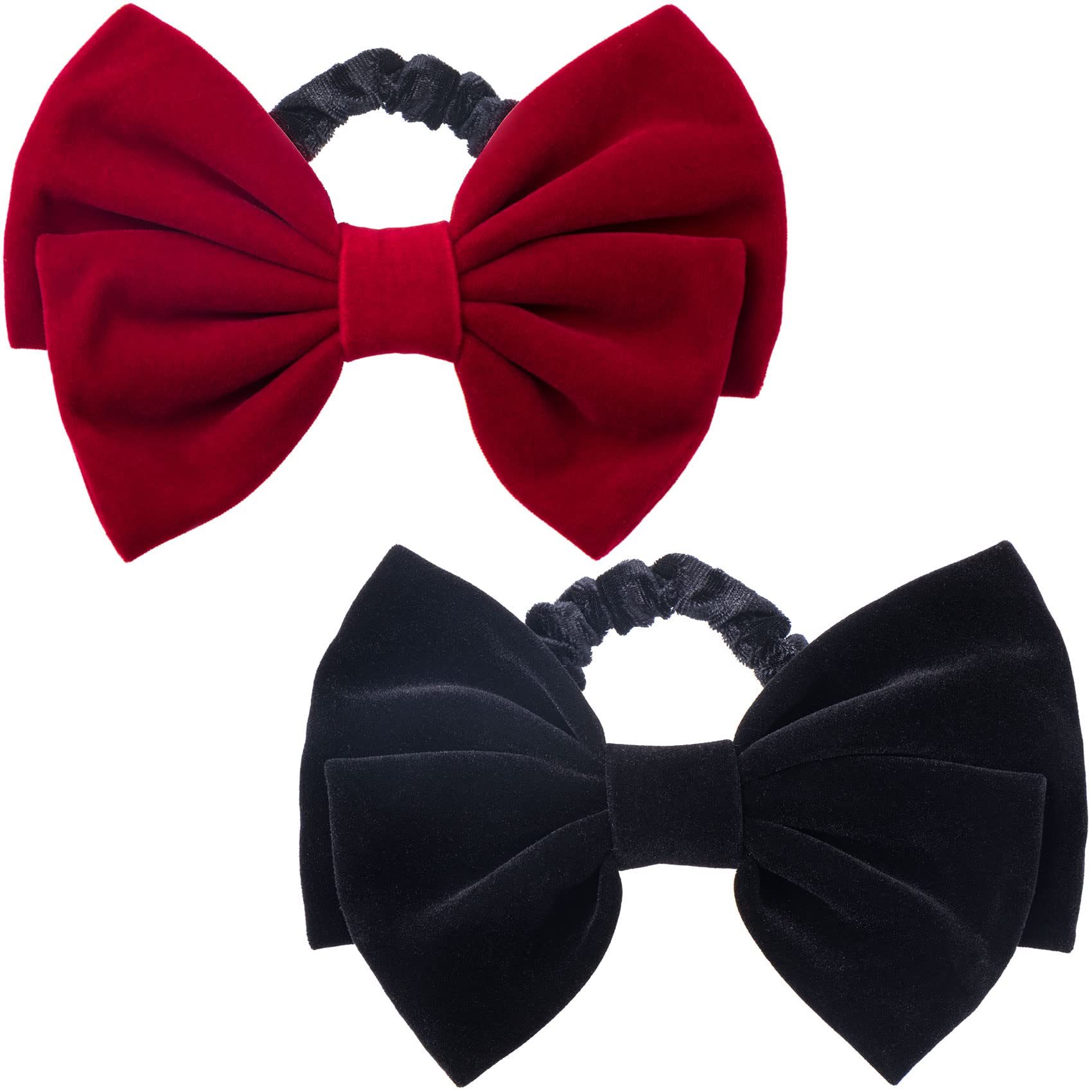 PAGOW 2Pcs Velvet Scrunchies Hair Elastic, Large Bowknot Velvet Hair Ties, Black Red Hair Satin Bow Ties Hair Ponytail Holders A