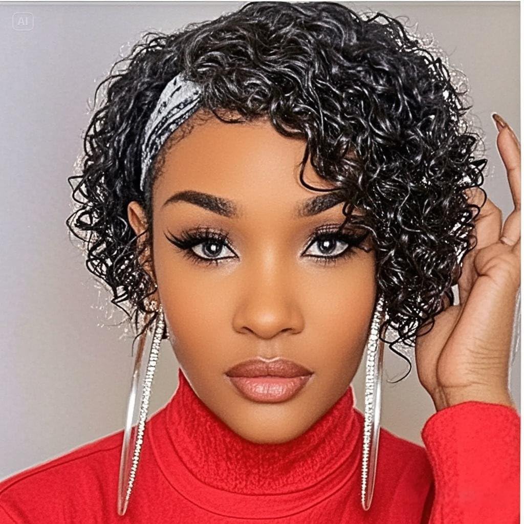 Betufllo Headband Wig Human Hair Wigs for Black Women Curly Pixie Headband Human Hair Wigs Put on and Go Glueless Wig Natural Bl