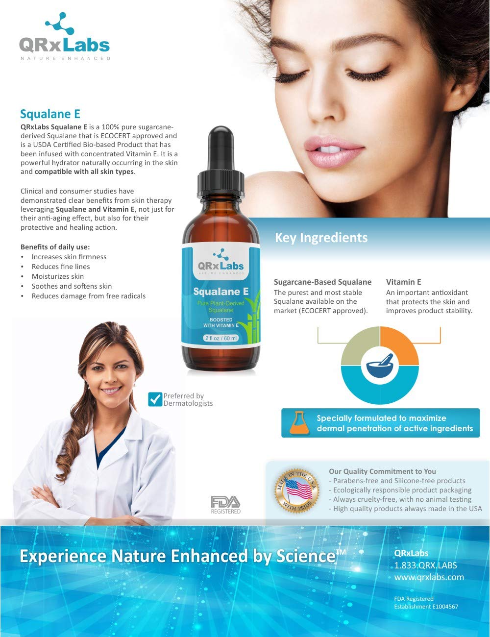 Qrxlabs Pure Plant-Based Squalane Oil Boosted With Vitamin E (Large 2 Oz) - Organic Ecocert/Usda Certified Squalane Derived From