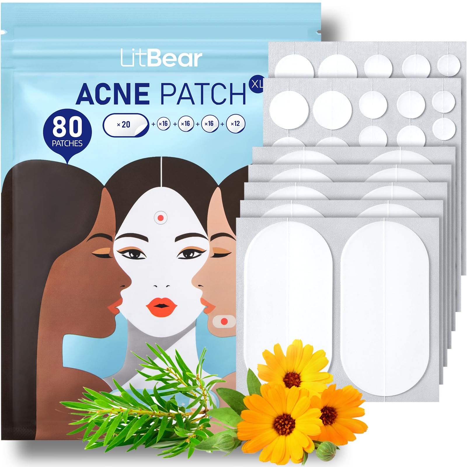 LitBear Large Pimple Patches - 80 Pieces, Reduces Inflammation, with Tea Tree & Calendula Oil, Transparent