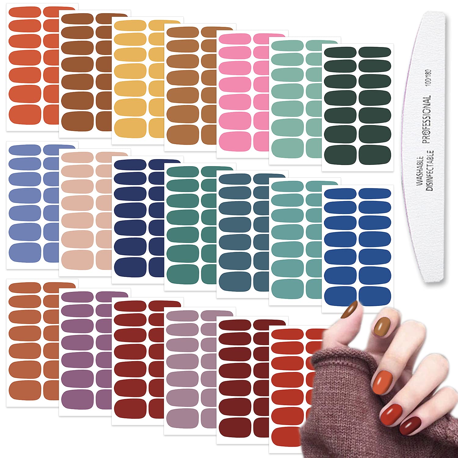 WOKOTO 20 Sheets Solid Color Nail Polish Strips with Nail File Self-Adhesive Press On Nail Polish Stickers Nail Strips Full Nail