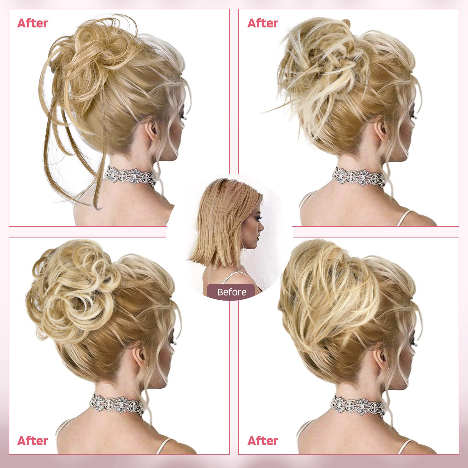 Hoojih Messy Bun Hair Pieces, 4 Pieces Messy Bun Straight Bun Hair Pieces For Women Wavy Tousled Updo Short Ponytail Hair Extens