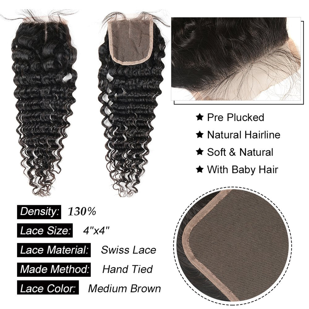 Brazilian Deep Wave 9A Unprocessed Virgin Hair 3 Bundles With Middle Part Lace Closure 4  4 Lace Mixed Length Hair Bundles Natur
